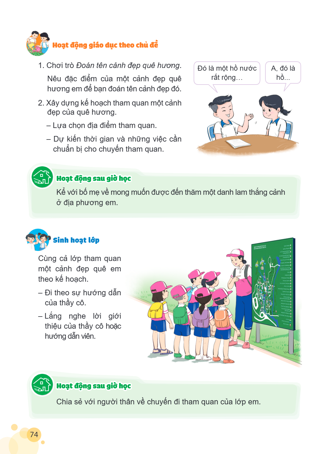 Hoạt động giáo dục theo chủ đề Chơi trò Đoán tên cảnh đẹp quê hương. Nêu đặc điểm của một cảnh đẹp quê hương em để bạn đoán tên cảnh đẹp đó. Xây dựng kế hoạch t