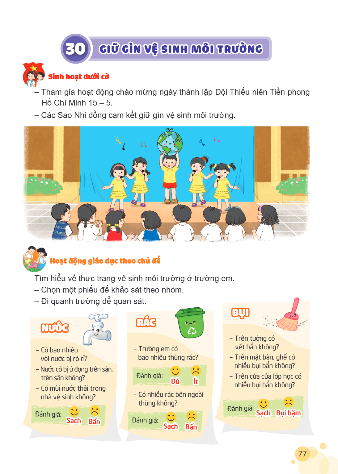 Bài 30. GIỮ GÌN VỆ SINH MÔI TRƯỜNG Sinh hoạt dưới cờ – Tham gia hoạt động chào mừng ngày thành lập Đội Thiếu niên Tiền phong Hồ Chí Minh $15-5$. – Các Sao Nhi đ