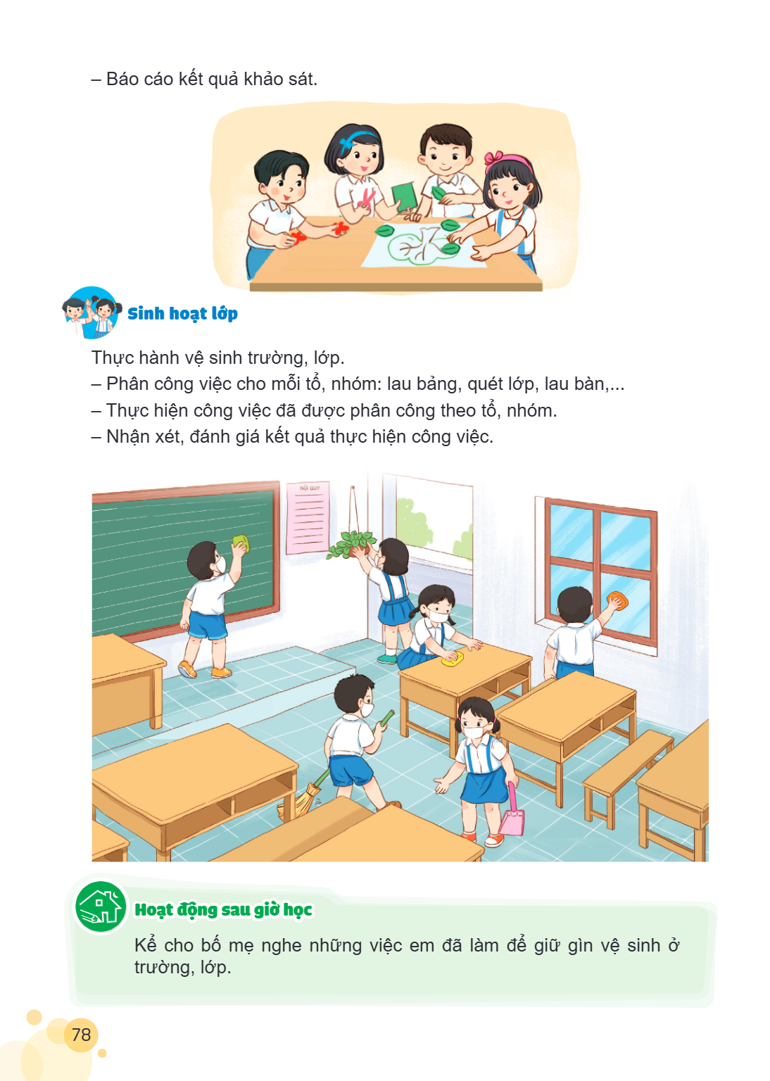 Báo cáo kết quả khảo sát. Sinh hoạt lớp Thực hành vệ sinh trường, lớp. - Phân công việc cho mỗi tổ, nhóm: lau bảng, quét lớp, lau bàn,... Thực hiện công việc đã
