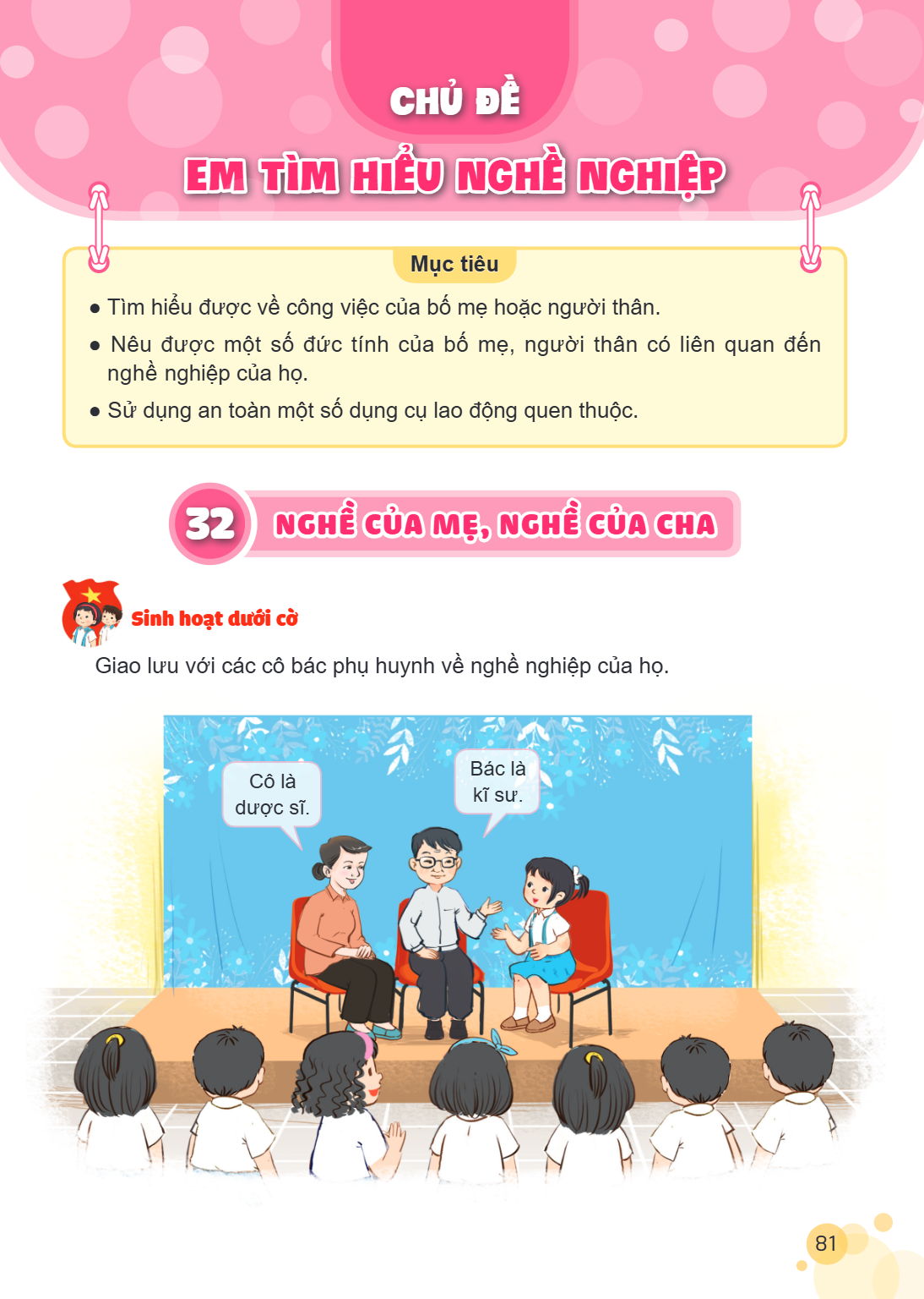 CHỦ ĐỀ EM TÌM HIỂU NGHỀ NGHIỆP Mục tiêu Tìm hiểu được về công việc của bố mẹ hoặc người thân. Nêu được một số đức tính của bố mẹ, người thân có liên quan đến ng