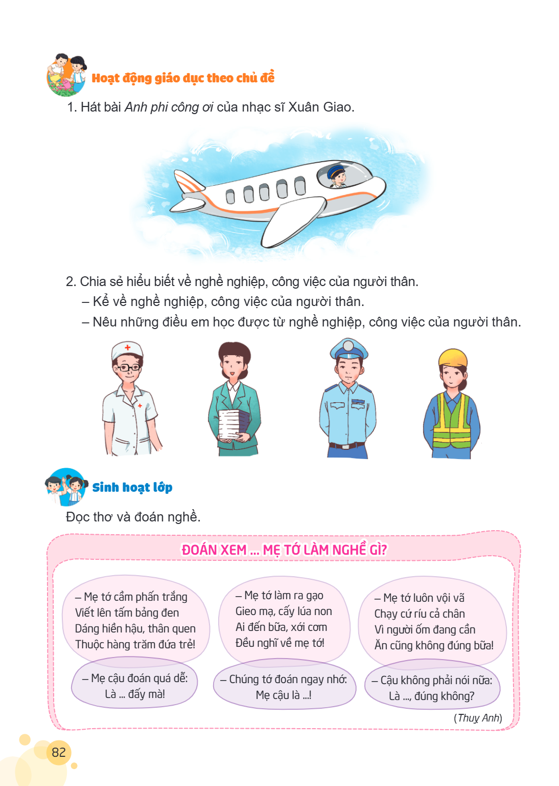 Hoạt động giáo dục theo chủ đề Hát bài Anh phi công ơi của nhạc sĩ Xuân Giao. Chia sẻ hiểu biết về nghề nghiệp, công việc của người thân. - Kể về nghề nghiệp, c