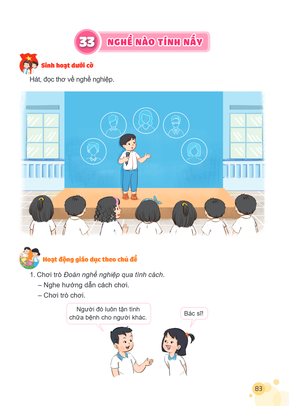Bài 33. NGHỀ NÀO TÍNH NẤY Sinh hoạt dưới cờ Hát, đọc thơ về nghề nghiệp. Hoạt động giáo dục theo chủ đề Chơi trò Đoán nghề nghiệp qua tính cách. – Nghe hướng dẫ