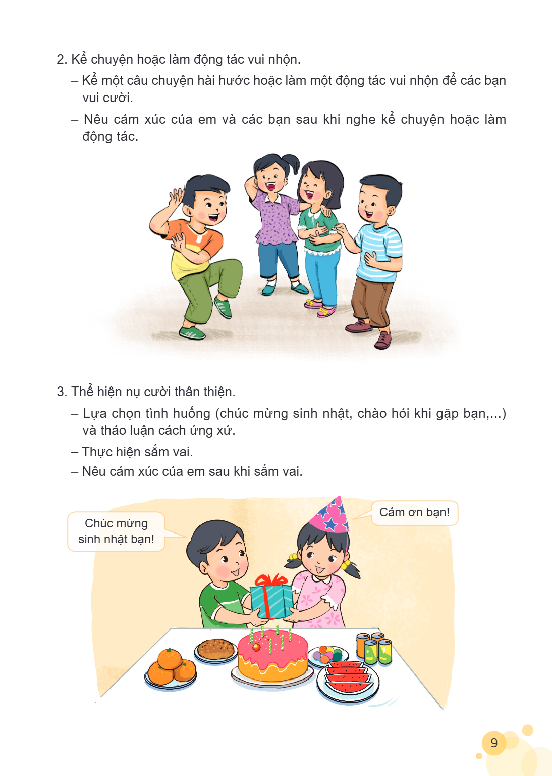 Kể chuyện hoặc làm động tác vui nhộn. - Kể một câu chuyện hài hước hoặc làm một động tác vui nhộn để các bạn vui cười. - Nêu cảm xúc của em và các bạn sau khi n