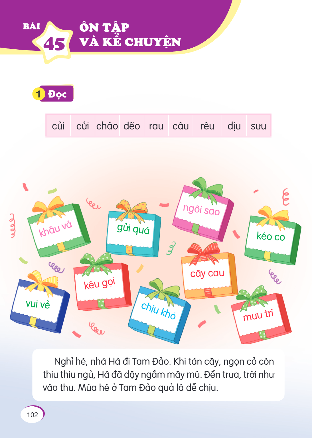 Ôn tập và kể chuyện 1 Đọc củi cửi chào dẽo rau câu rêu dịu sưu Nghỉ hè, nhà Hà đi Tam Đảo. Khi tán cây, ngọn cỏ còn thiu thiu ngủ, Hà đã dậy ngắm mây mù. Đến tr