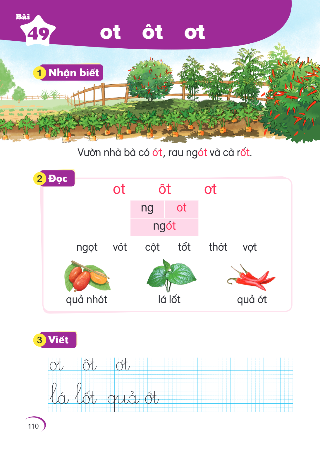 Bài 49. ot ôt ơt 1 Nhận biết Vườn nhà bà có ớt, rau ngót và cà rốt. 2 Đọc ot ô ơt ơt ng, ot ngót ngọt vót cột tốt thớt vợt quả nhót lá lốt quả ớt 3 Viết ot ô ơt