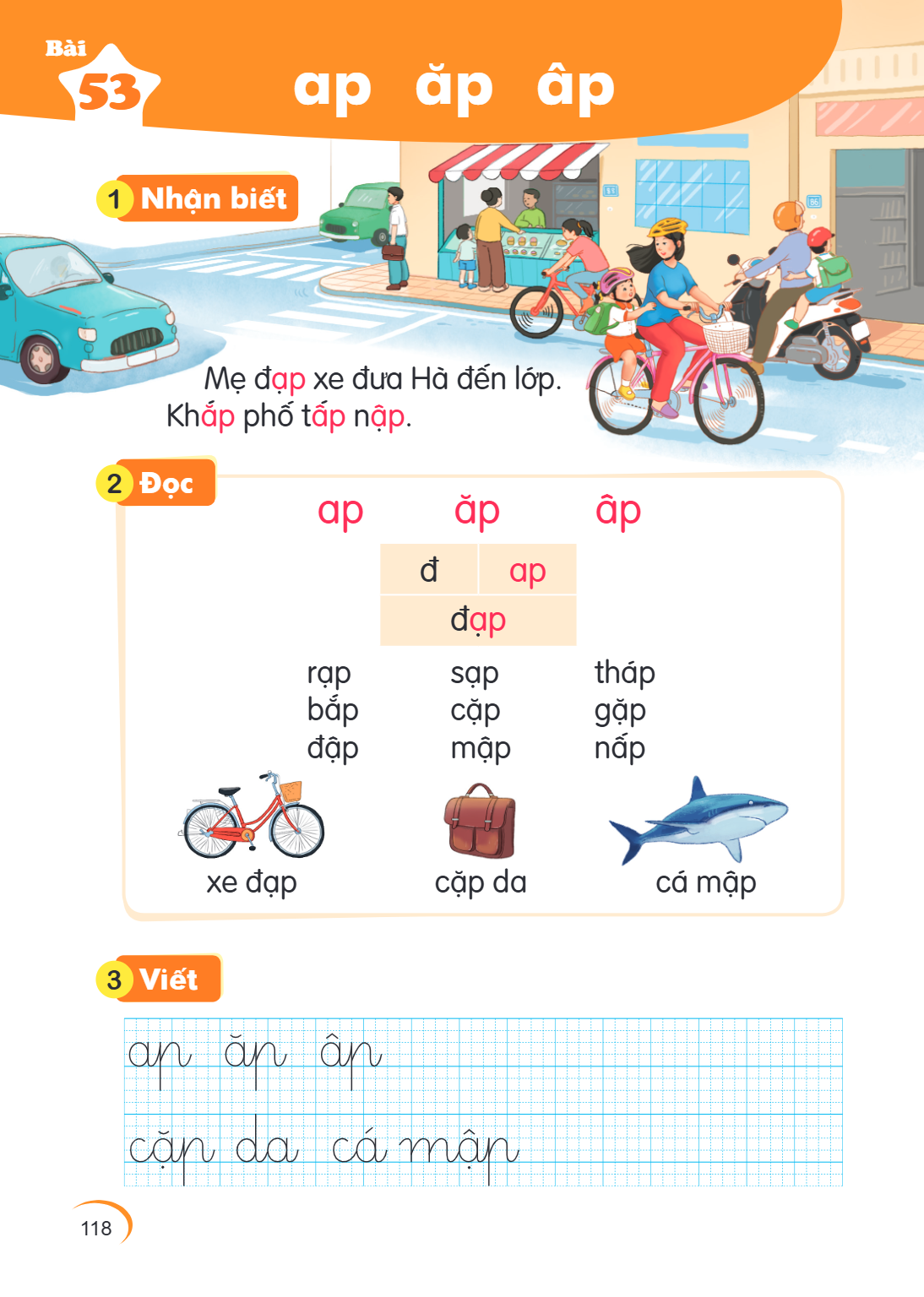 Bài 53. ap ăp âp 1 Nhận biết Mẹ đap xe đưa Hà đến lớp. Khấp phố tấp nập. 2 Đọc ap, ăp, âp đ / ap đap rap, sap, tháp bắp, cặp, gặp đạp, mập, nấp xe đạp cặp da cá