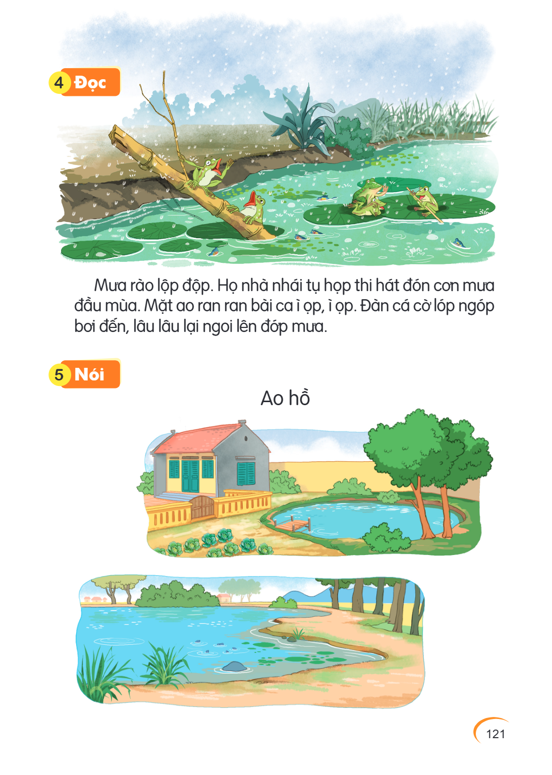 4 Đọc Mưa rào lộp độp. Họ nhà nhái tụ họp thi hát đón con mưa đầu mùa. Mặt ao ran ran bài ca ộp, ộp. Đàn cá cờ lóp ngóp bơi đến, lâu lâu lại ngoi lên đớp mưa. 5