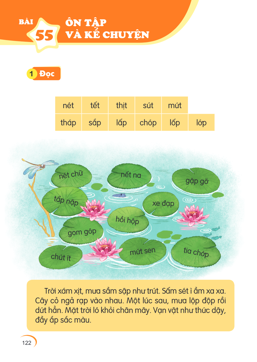 Ôn tập và kể chuyện 1 Đọc nét, tết, thịt, sút, mút thấp, sắp, lấp, chép, lớp Trời xám xịt, mưa sầm sập như trút. Sấm sét ì ầm xa xa. Cây cỏ ngã rạp vào nhau. Mộ