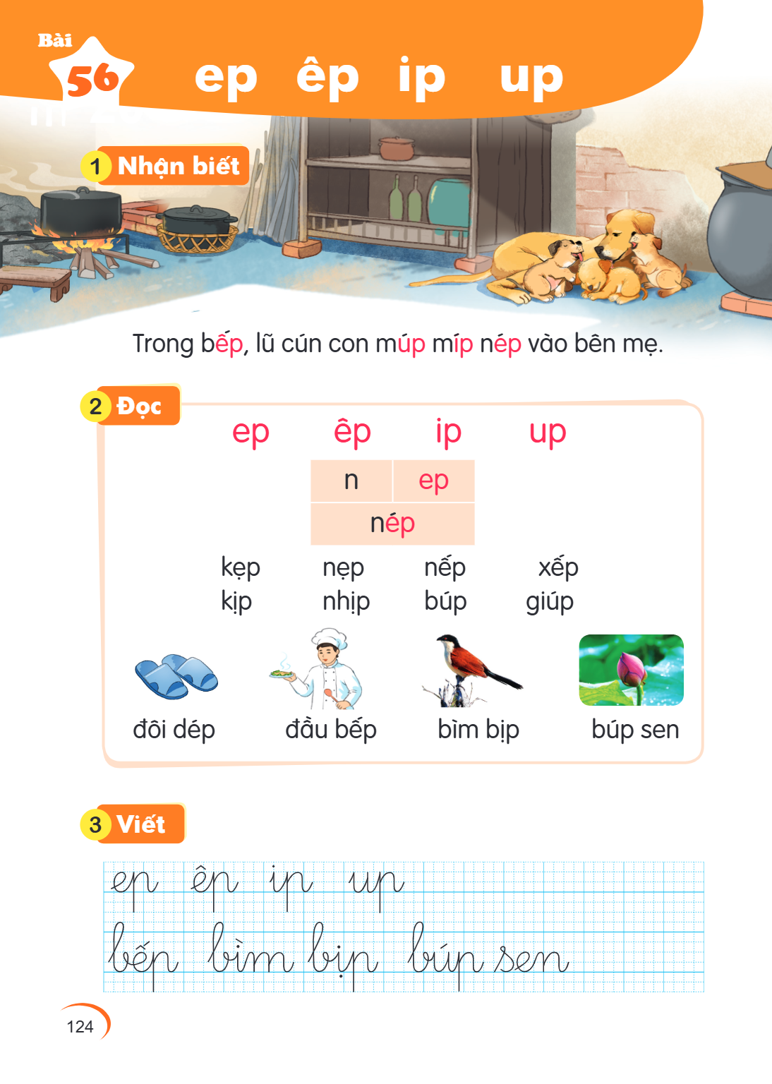 Bài 56. ep êp ip up 1 Nhận biết Trong bếp, lũ cún con múp míp nép vào bên mẹ. 2 Đọc ep êp ip up n, ep nép kẹp nẹp nếp xếp kịp nhịp búp giúp đôi dép đầu bếp bìm 