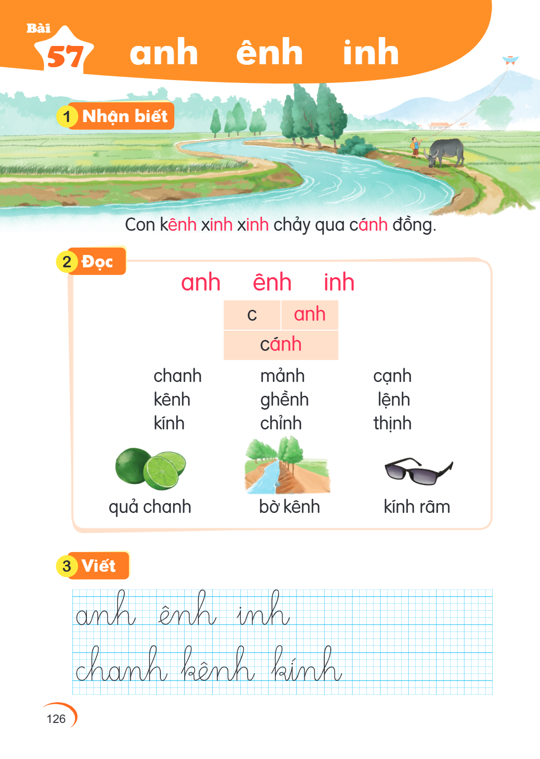 Bài 57. anh ênh inh 1 Nhận biết Con kênh xinh xinh chảy qua cánh đồng. 2 Đọc anh ênh inh c, anh canh chanh mảng cạnh kênh ghềnh lệnh kính chỉnh thịnh quả chanh 