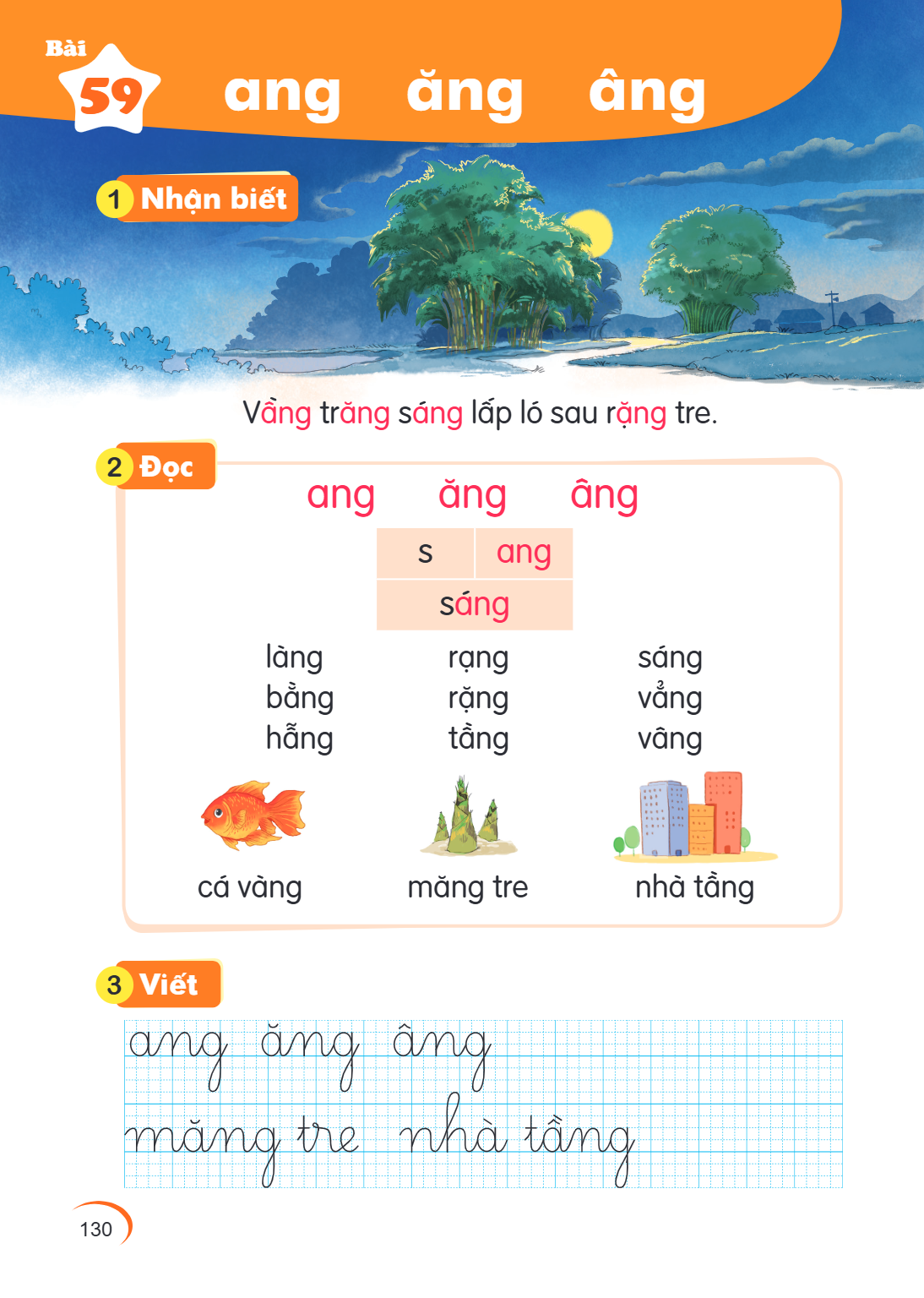Bài 59. ang ăng âng 1 Nhận biết Vầng trăng sáng lấp ló sau rặng tre. 2 Đọc ang ăng âng s, ang sáng làng rạng sáng bằng răng vắng hẵng tầng vâng cá vàng măng tre