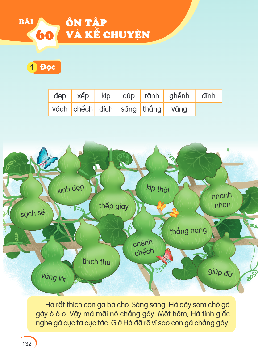 Ôn tập và kể chuyện 1 Đọc đẹp, xếp, kịp, cúp, rãnh, ghềnh, đình vách, chếch, đích, sáng, thẳng, vâng Hà rất thích con gà bà cho. Sáng sáng, Hà dậy sớm chờ gà gá