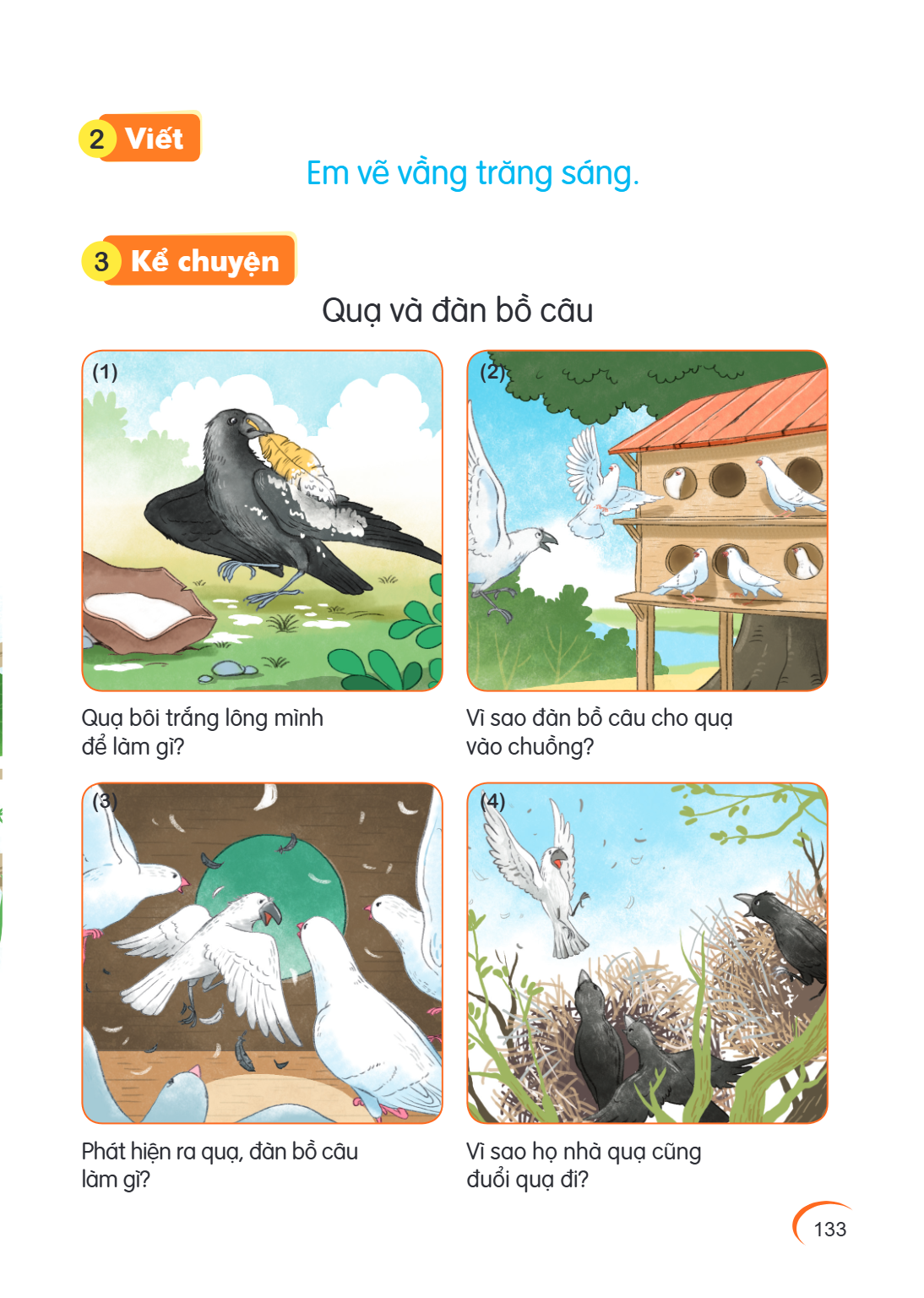 2 Viết Em vẽ vầng trăng sáng. 3 Kể chuyện (1) Quạ và đàn bồ câu (2) Quạ bôi trắng lông mình để làm gì? (3) Vì vào, sao đàn bồ câu cho quạ chuồng? (4) Phát hiện 