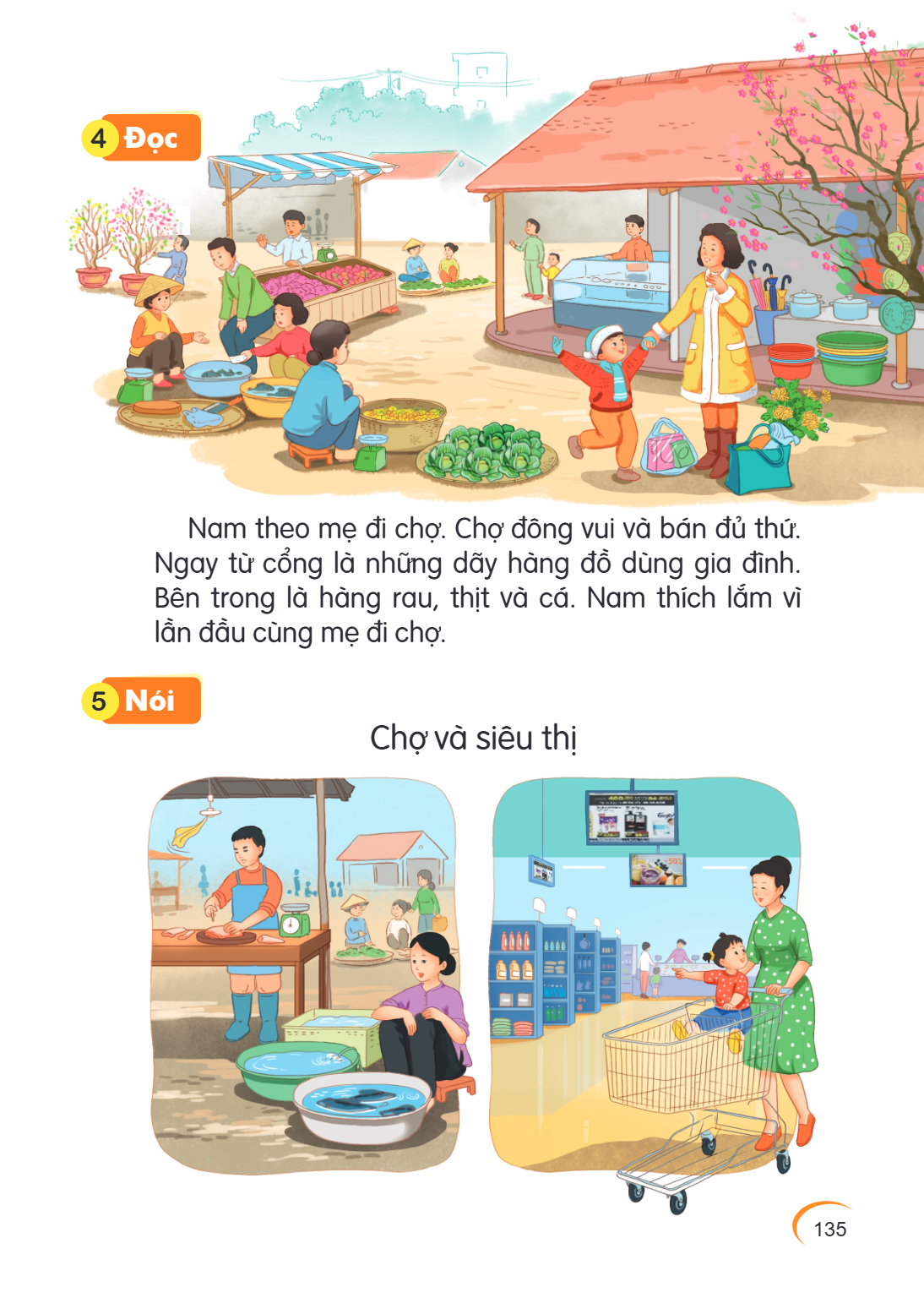 4 Đọc Nam theo mẹ đi chợ. Chợ đông vui và bán đủ thứ. Ngay từ cổng là những dãy hàng đồ dùng gia đình. Bên trong là hàng rau, thịt và cá. Nam thích lắm vì lần đ