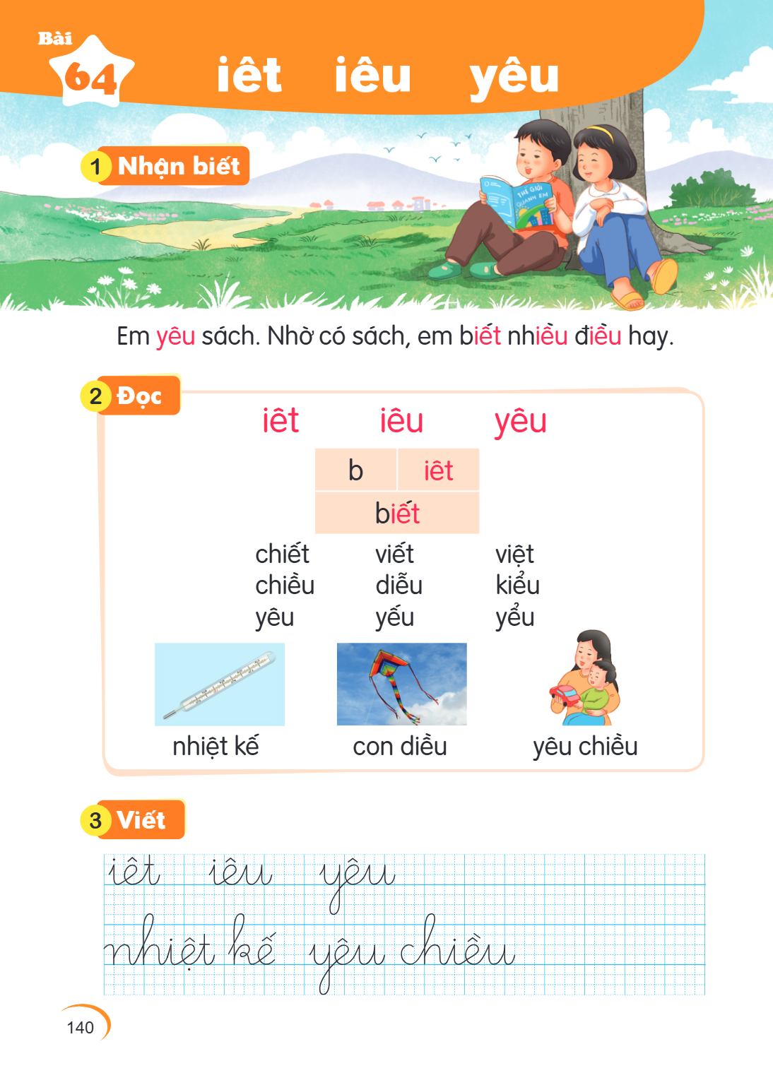 Bài 64. iêt iêu yêu 1 Nhận biết Em yêu sách. Nhờ có sách, em biết nhiều điều hay. 2 Đọc iêt iêu yêu b, iêt biêt chiết viết việt chiều diểu kiểu yêu yếu yểu nhiệ