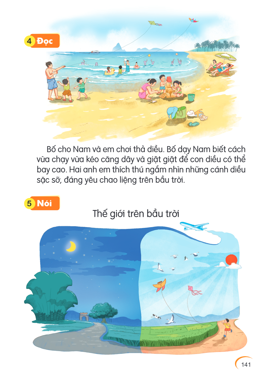 4 Đọc Bố cho Nam và em chơi thả diều. Bố dạy Nam biết cách vừa chạy vừa kéo căng dây và giật giật để con diều có thể bay cao. Hai anh em thích thú ngắm nhìn nhữ