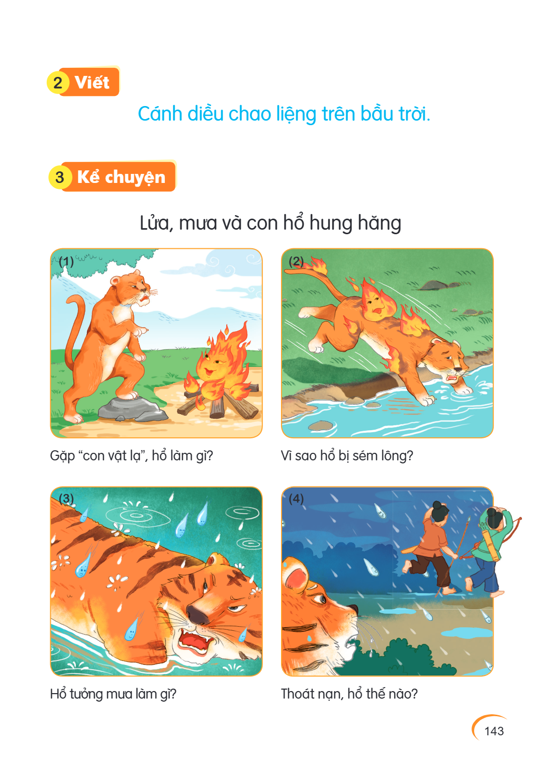 2 Viết Cánh diều chao liệng trên bầu trời. 3 Kể chuyện Lửa, mưa và con hổ hung hăng (1) (2) Gặp "con vật lạ", hổ làm gì? Vì sao hổ bị sém lông? (3) (4) Hổ tưởng
