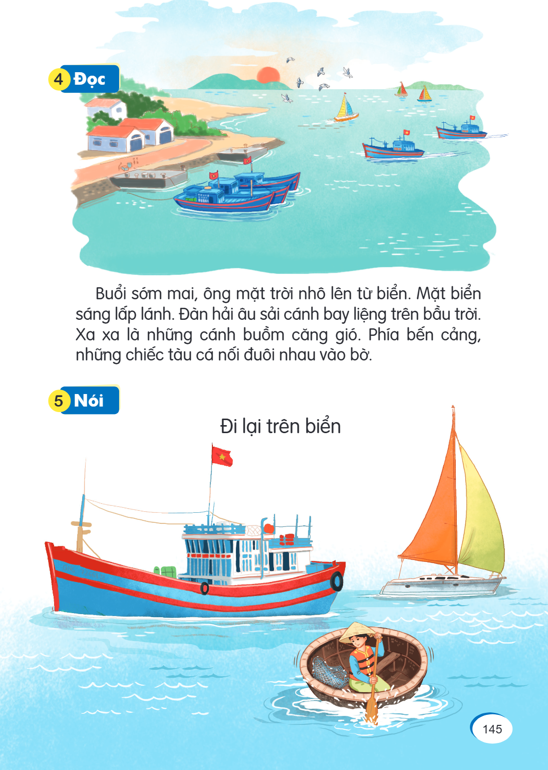 4 Đọc Buổi sớm mai, ông mặt trời nhô lên từ biển. Mặt biển sáng lấp lánh. Đàn hải âu sải cánh bay liệng trên bầu trời. Xa xa là những cánh buồm căng gió. Phía b