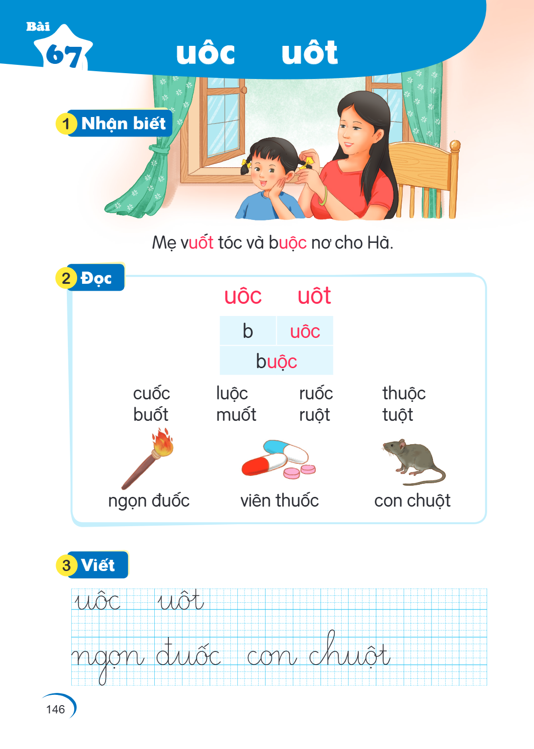 Bài 67. uôc uôt 1 Nhận biết Mẹ vuốt tóc và buộc nơ cho Hà. 2 Đọc uôc uôt b, uôc buôc cuốc luộc ruốc thuộc buốt muốt ruột tuột ngọn đuốc viên thuốc con chuột ngọ