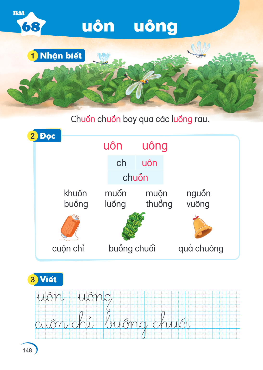 Bài 68. uôn uông 1 Nhận biết Chuồn chuồn bay qua các luống rau. 2 Đọc uôn uông ch, uôn chuồn khuôn muốn muộn nguồn buồng luồng thường vươn cuộn chỉ buồng chuối 
