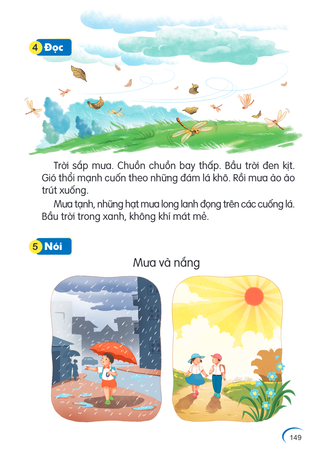 4 Đọc Trời sắp mưa. Chuồn chuồn bay thấp. Bầu trời đen kịt. Gió thổi mạnh cuốn theo những đám lá khô. Rồi mưa ào ào trút xuống. Mưa tạnh, những hạt mưa long lan