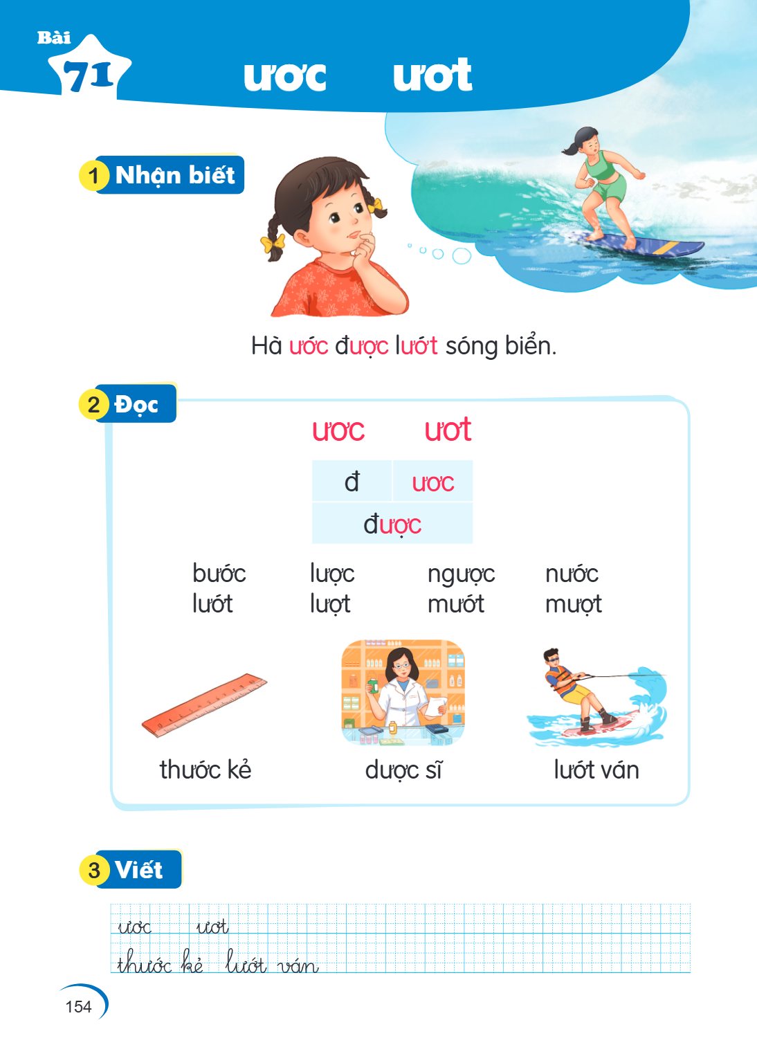 Bài 71. ước ươt 1 Nhận biết Hà ước được lướt sóng biển. 2 Đọc ước, ươt đ, ươc được bước lược ngược nước lượt lượt muốt mượt thuốc kẻ dược sĩ lướt ván 3 Viết ước