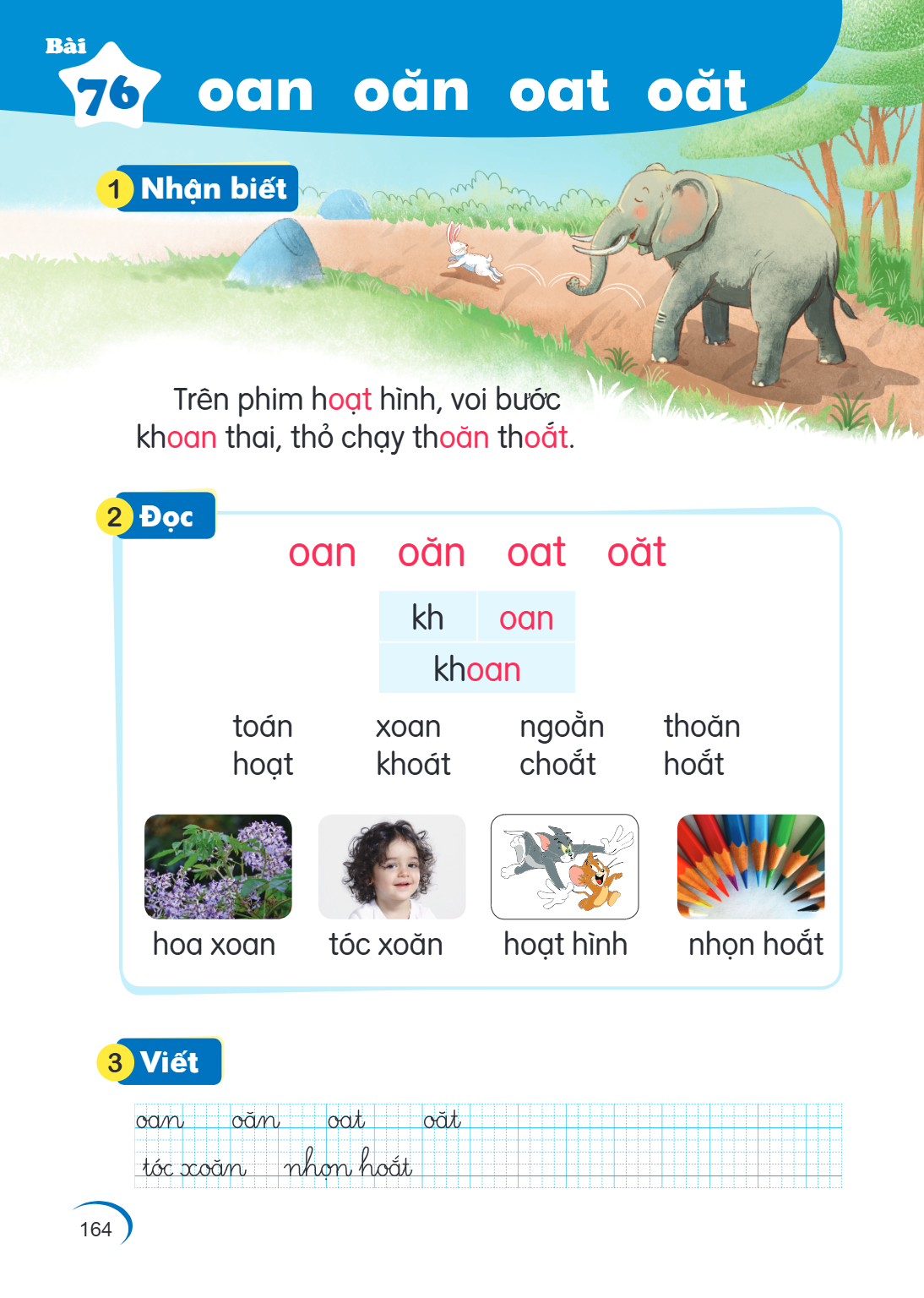 Bài 76. oan oăn oat oăt 1 Nhận biết Trên phim hoạt hình, voi bước khoan thai, thỏ chạy thoăn thoắt. 2 Đọc oan oăn oat oăt kh, oan khoan toán xoan ngoằn thoăn ho