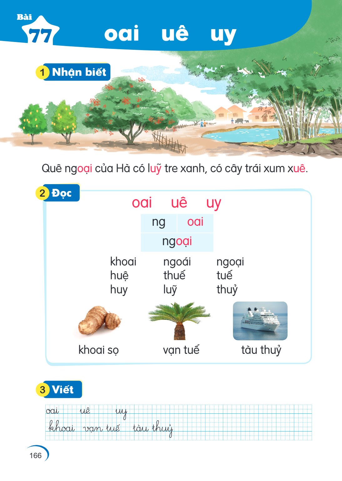 Bài 77. oai uê uy 1 Nhận biết Quê ngoại của Hà có luỹ tre xanh, có cây trái xum xuê. 2 Đọc oai uê uy ng, oai ngoại khoai huệ huy ngoái thuế luỹ ngoại tuế thuỷ k