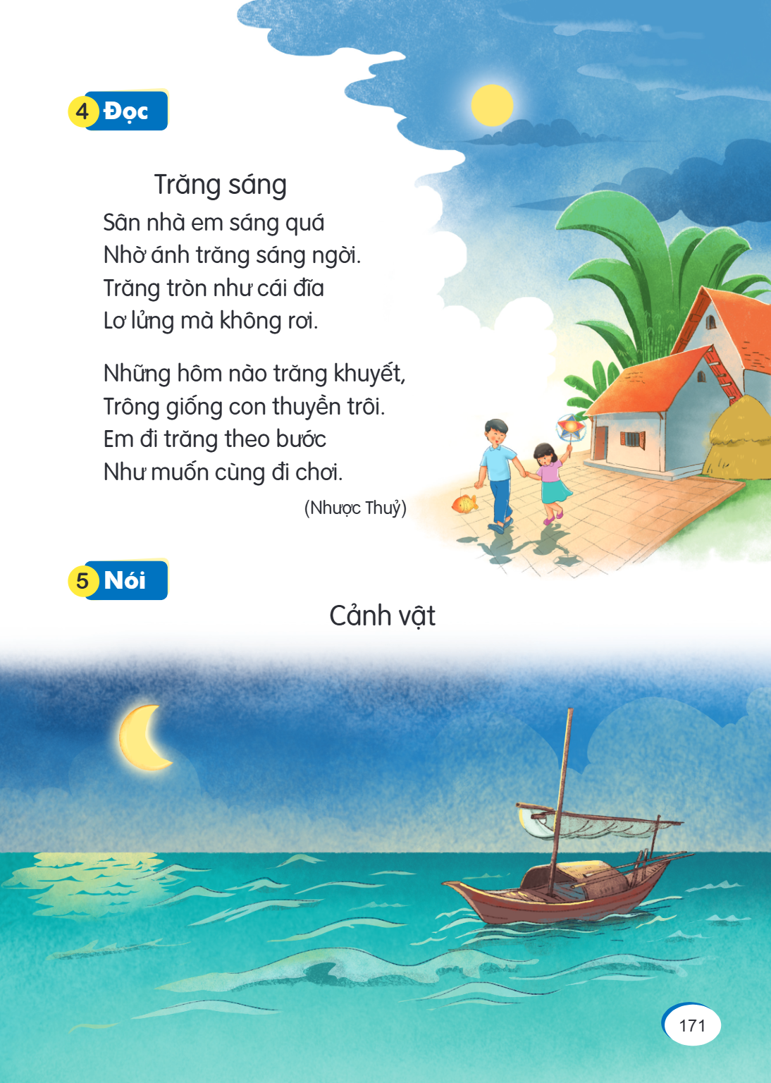 4 Đọc Trăng sáng Sân nhà em sáng quá Nhờ ánh trăng sáng ngời. Trăng tròn như cái đĩa Lơ lửng mà không rơi. Những hôm nào trăng khuyết, Trông giống con thuyền tr