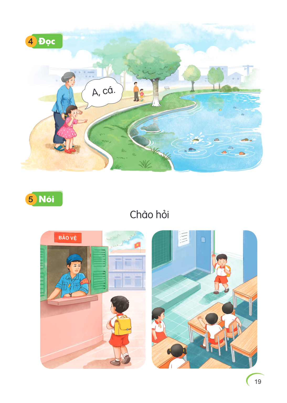 4 Đọc A, cá. 5 Nói Chào hỏi