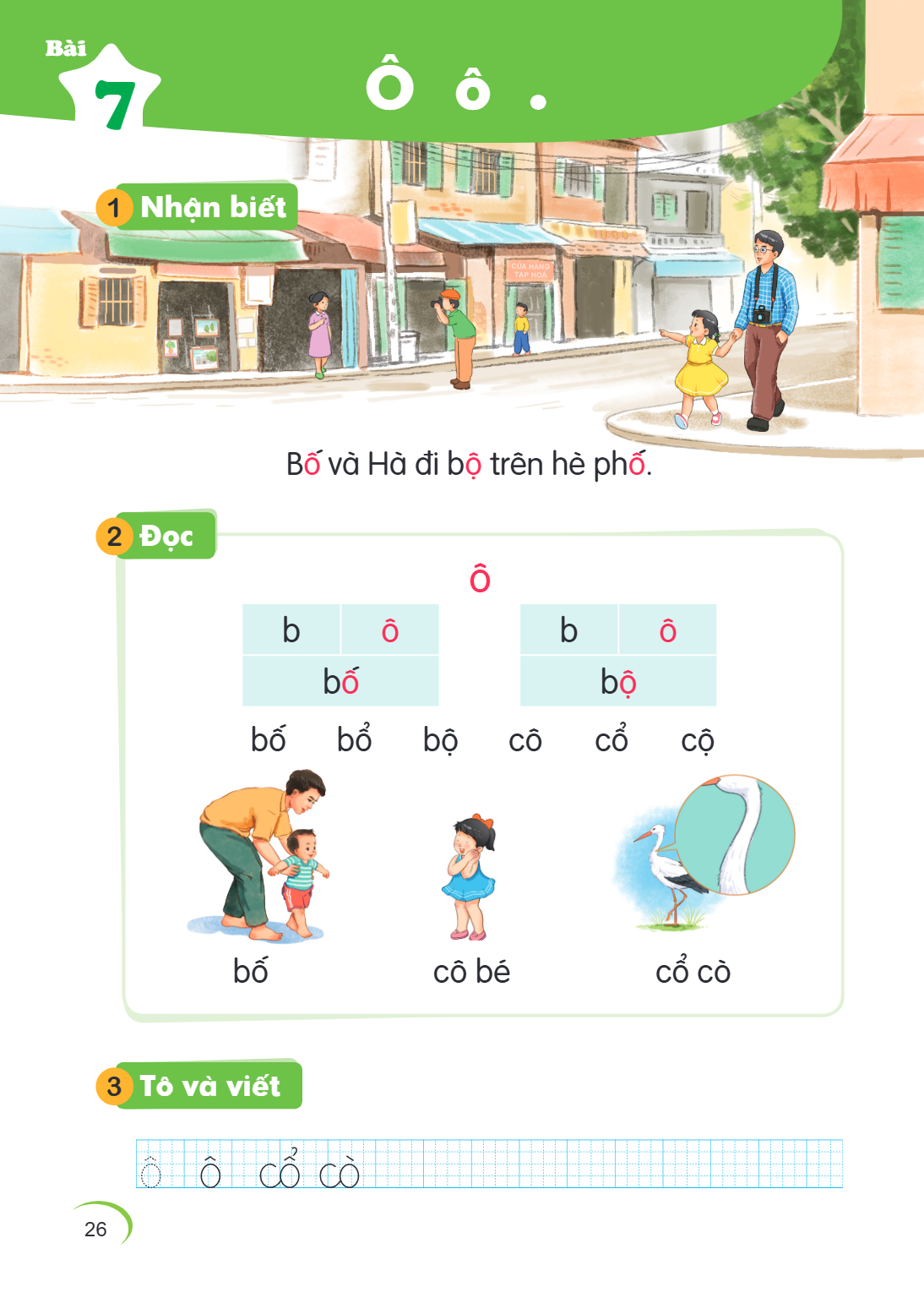 Bài 7. Ô ô . 1 Nhận biết Bố và Hà đi bộ trên hè phố. 2 Đọc Ô b, ô bố b, ô bộ bố bổ bộ cô cổ cộ bố cô bé cổ cò 3 Tô và viết Ô ô cổ cò