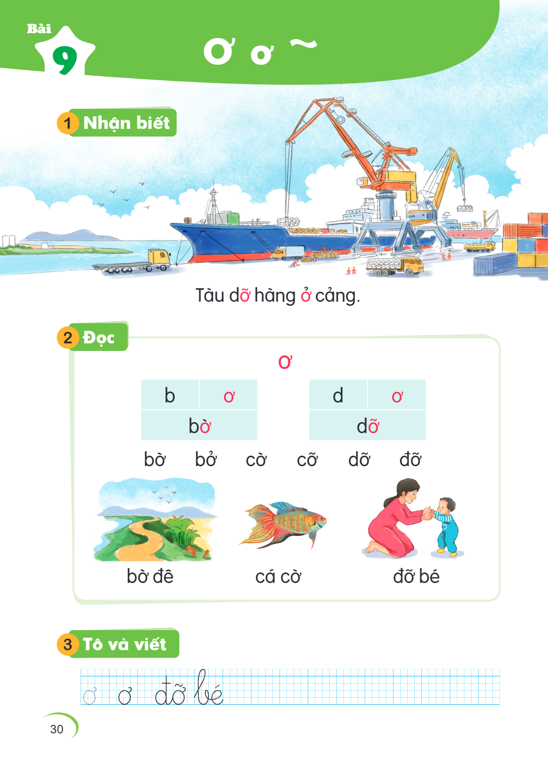 Bài 9. Ơ ơ ~ 1 Nhận biết Tàu dỡ hàng ở cảng. 2 Đọc ơ b, ơ bờ d, ơ dỡ bờ bỏ cờ cỡ dỗ đõ bờ đê cá cờ đõ bé 3 Tô và viết ơ ơ đõ bé