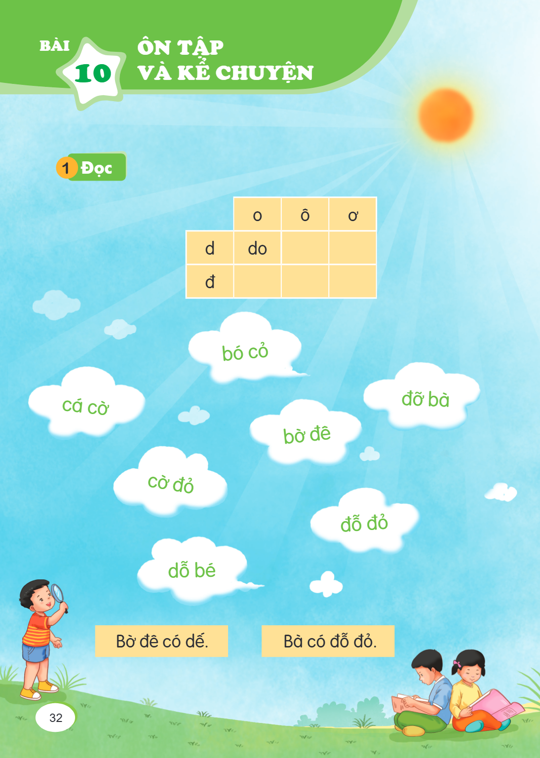 Ôn tập và kể chuyện 1 Đọc o, ô, ơ d, do đ bó cỏ cá cờ đỡ bà bờ đê cờ đỏ đỗ đỏ dỗ bé Bờ đê có dé. Bà có đỗ đỏ.
