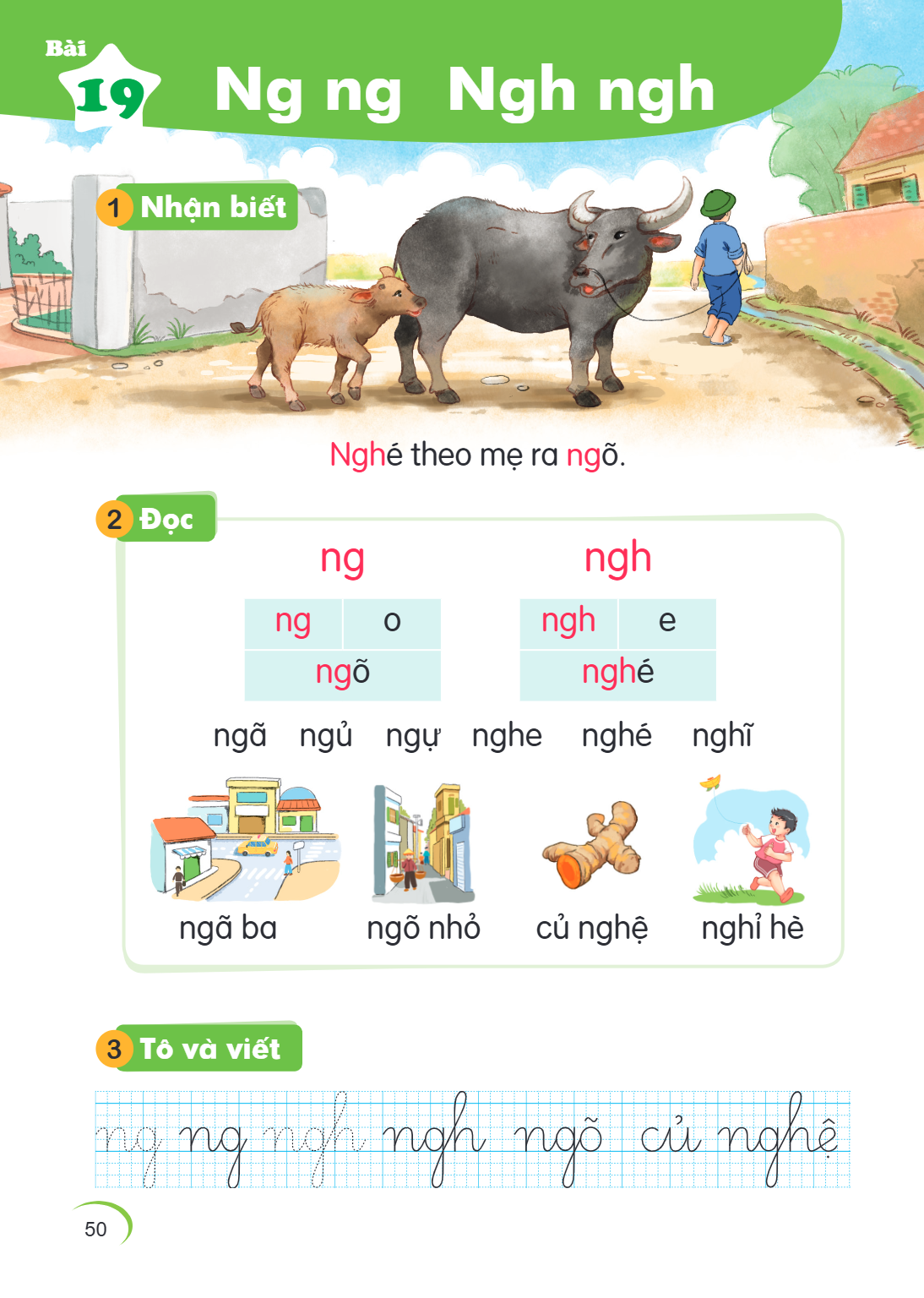 Bài 19. Ng ng Ngh ngh 1 Nhận biết Nghé theo mẹ ra ngõ. 2 Đọc ng, o ngõ ngh, e nghé ngã ngủ ngụ nghe nghé nghĩ ngã ba ngõ nhỏ củ nghệ nghỉ hè 3 Tô và viết ng ng 