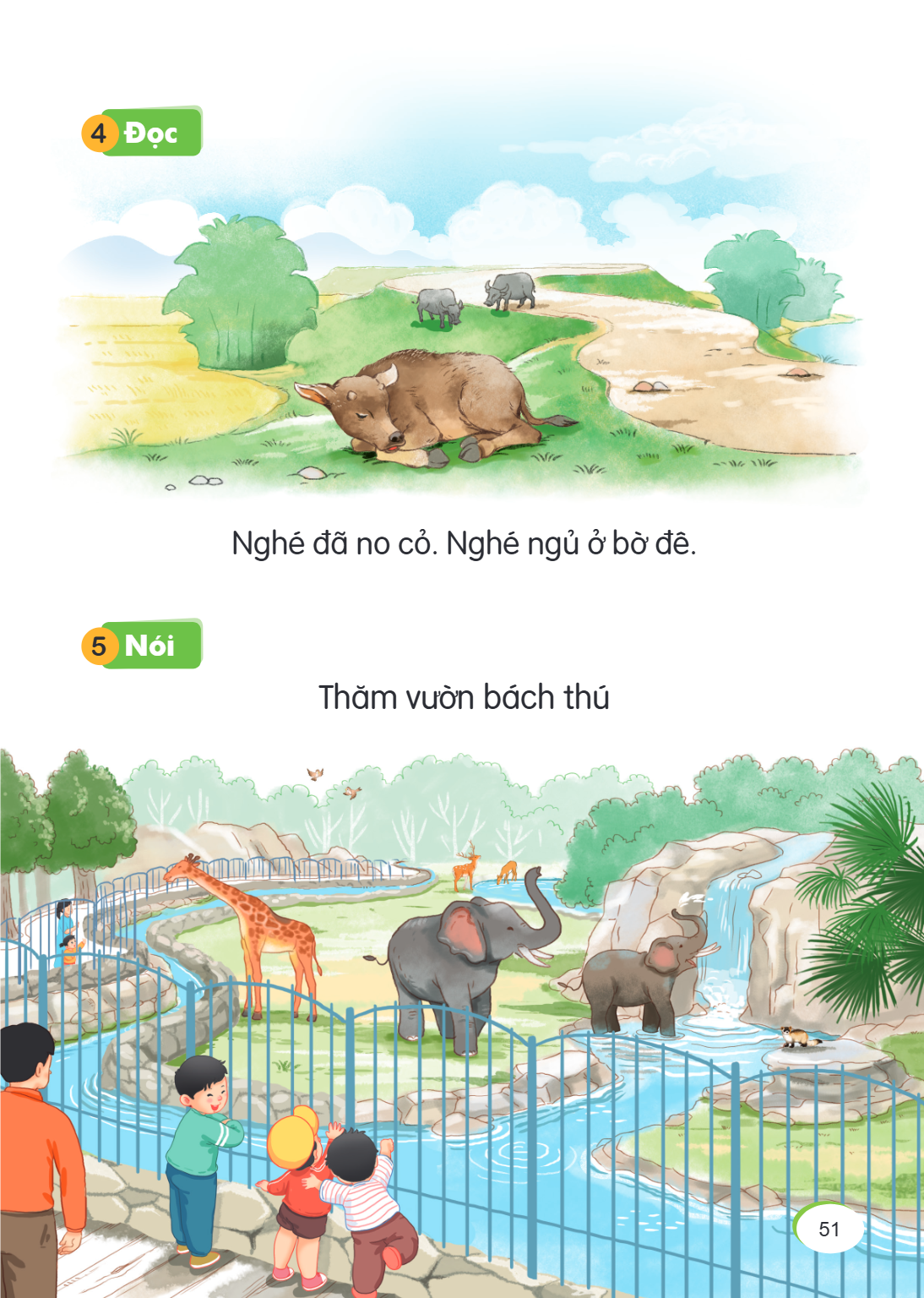 4 Đọc Nghé đã no cỏ. Nghé ngủ ở bờ đê. 5 Nói Thăm vườn bách thú