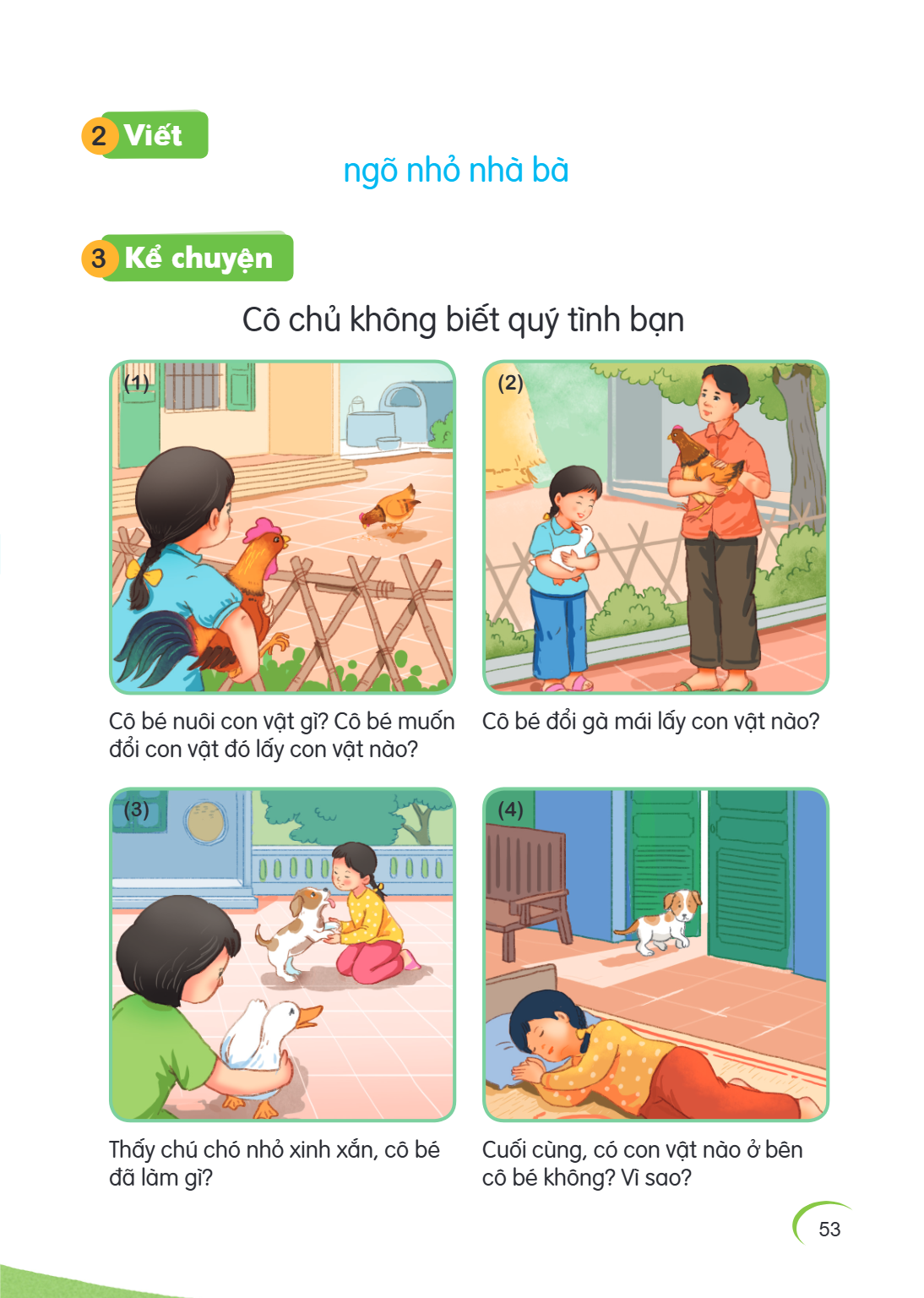 2 Viết ngõ nhỏ nhà bà 3 Kể chuyện Cô chủ không biết quý tình bạn (1) (2) Cô bé nuôi con vật gì? Cô bé muốn Cô bé đổi gà mái lấy con vật nào? đổi con vật đó lấy 