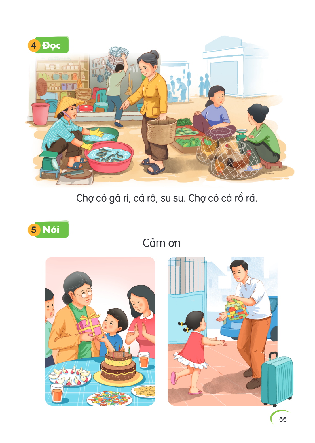 4 Đọc Chợ có gà ri, cá rô, su su. Chợ có cả rổ rá. 5 Nói Cảm ơn