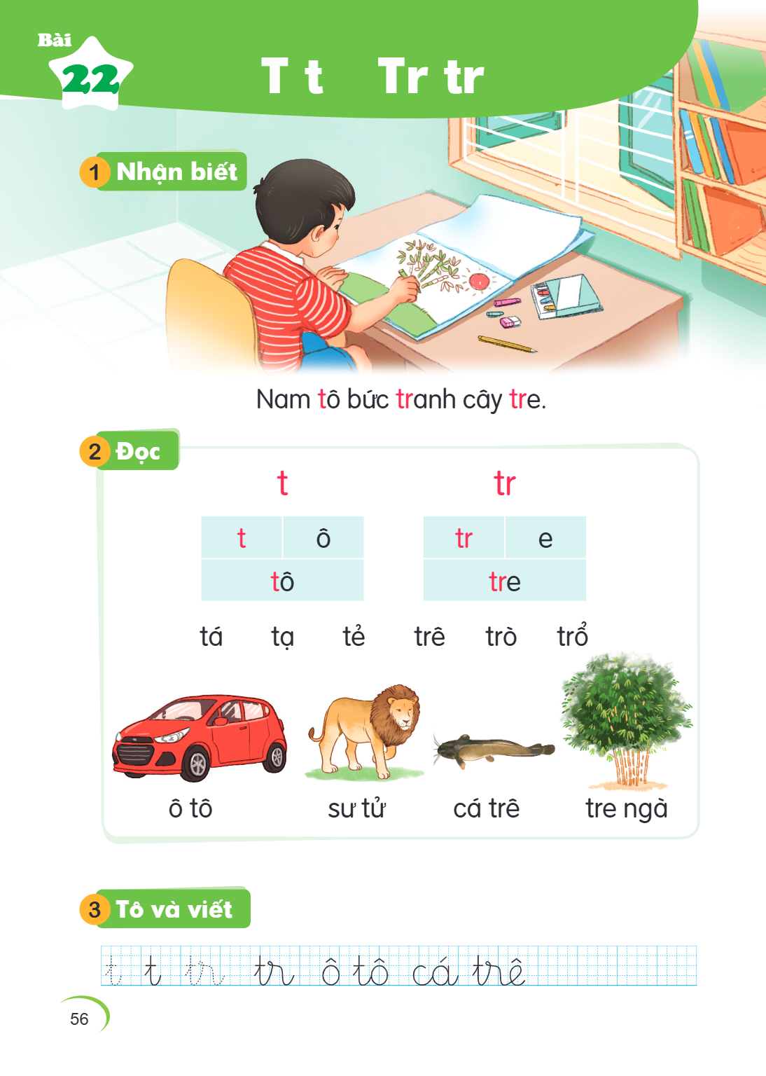 Bài 22. T t Tr tr 1 Nhận biết Nam tô bức tranh cây tre. 2 Đọc t, tr t, ô, tr tô, tre tá tạ tẻ trên trò trở ô tô sư tử cá trên tre ngà 3 Tô và viết t t tr tr ô t