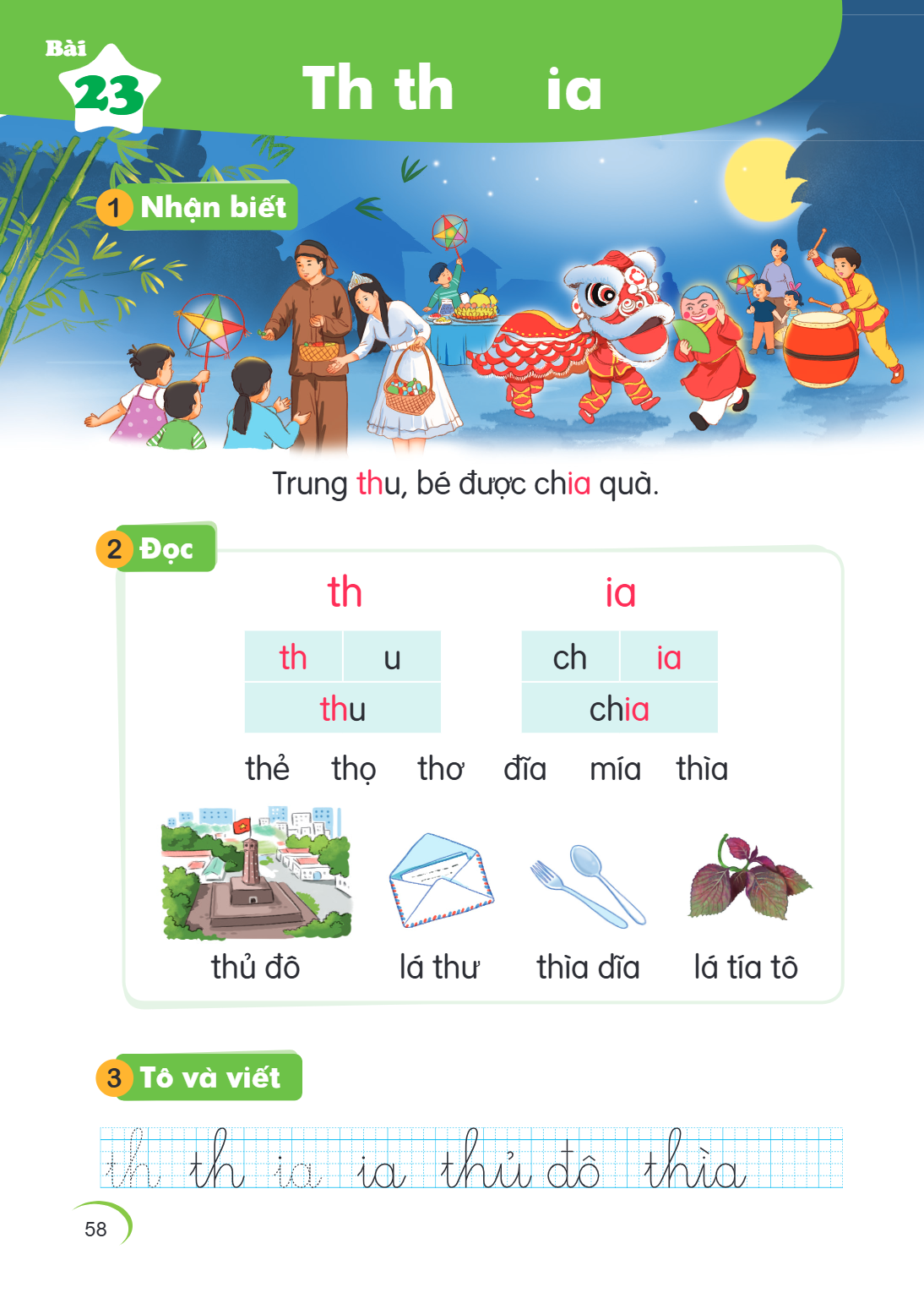 Bài 23. Th th ia 1 Nhận biết Trung thu, bé được chia quà. 2 Đọc th ia th, u thu ch, ia chia thể thơ thư đĩa mía thìa thủ đô lá thư thìa đĩa lá tía tô 3 Tô và vi