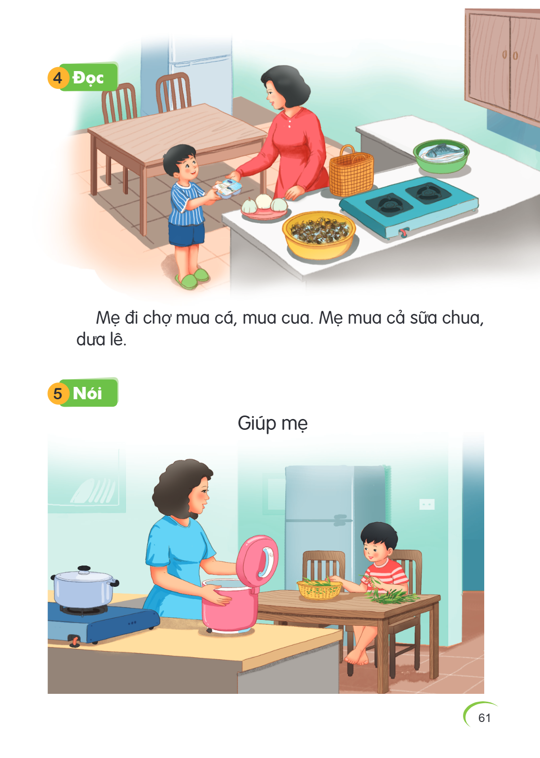 4 Đọc Mẹ đi chợ mua cá, mua cua. Mẹ mua cả sữa chua, dưa lê. 5 Nói Giúp mẹ
