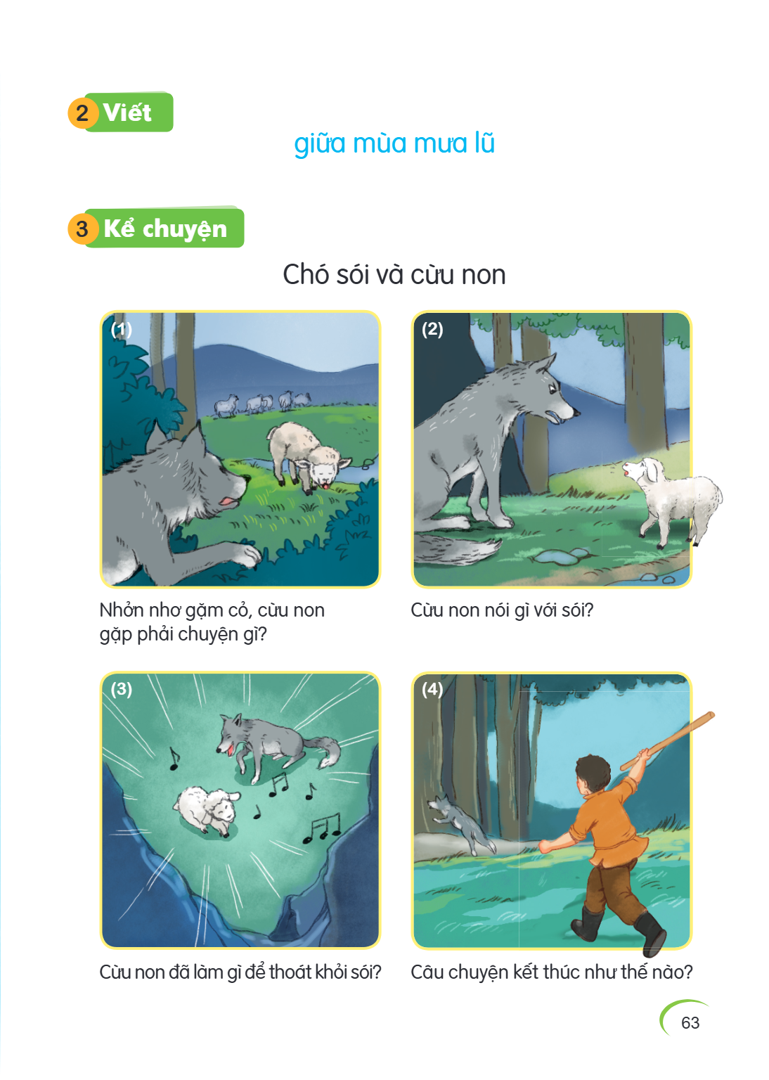 2 Viết giữa mùa mưa lũ 3 Kể chuyện Chó sói và cừu non (1) (2) Nhởn nhơ gặm cỏ, cừu non gặp phải chuyện gì? Cừu non nói gì với sói? (3) (4) Cừu non đã làm gì để 