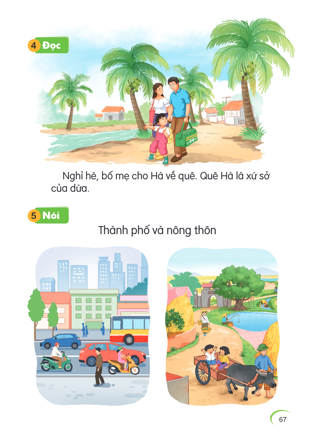 4 Đọc Nghỉ hè, bố mẹ cho Hà về quê. Quê Hà là xứ sở của dừa. 5 Nói Thành phố và nông thôn