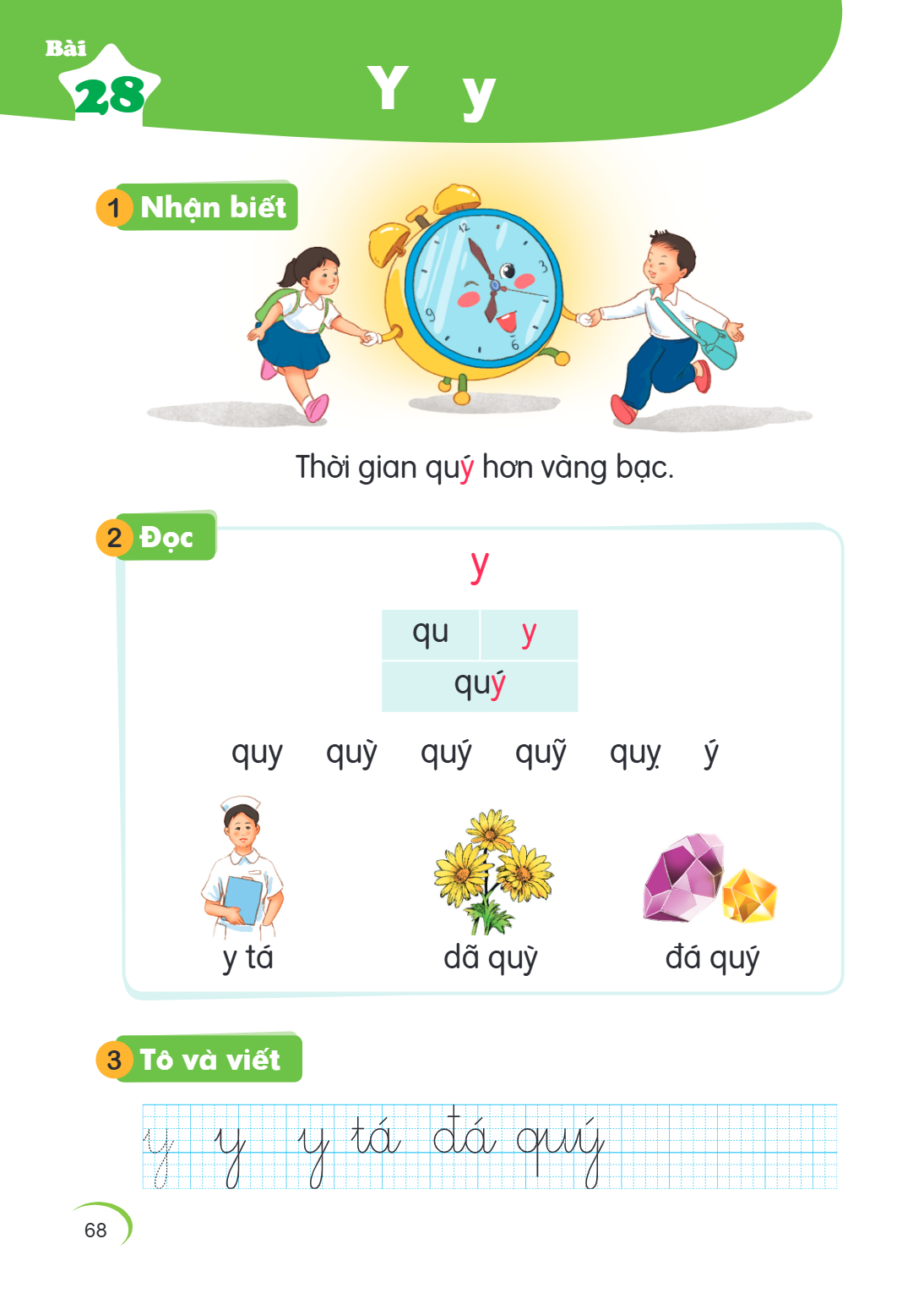 Bài 28 Y y 1 Nhận biết Thời gian quy hơn vàng bạc. 2 Đọc y qu y quy quy quỳ quý quỹ quỵ ý y tá dã quỳ đá quý 3 Tô và viết