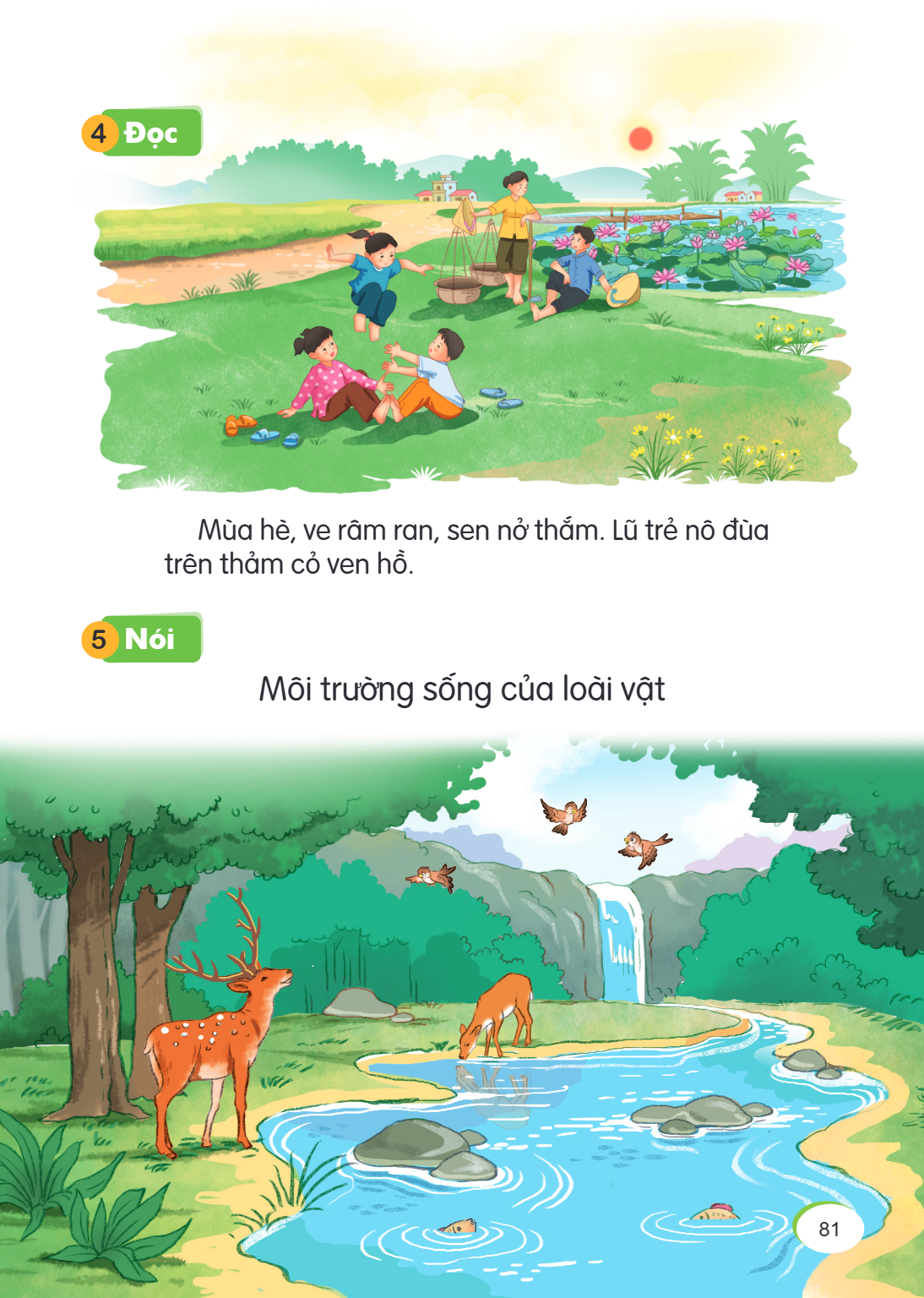 4 Đọc Mùa hè, ve râm ran, sen nở thắm. Lũ trẻ nô đùa trên thảm cỏ ven hồ. 5 Nói Môi trường sống của loài vật
