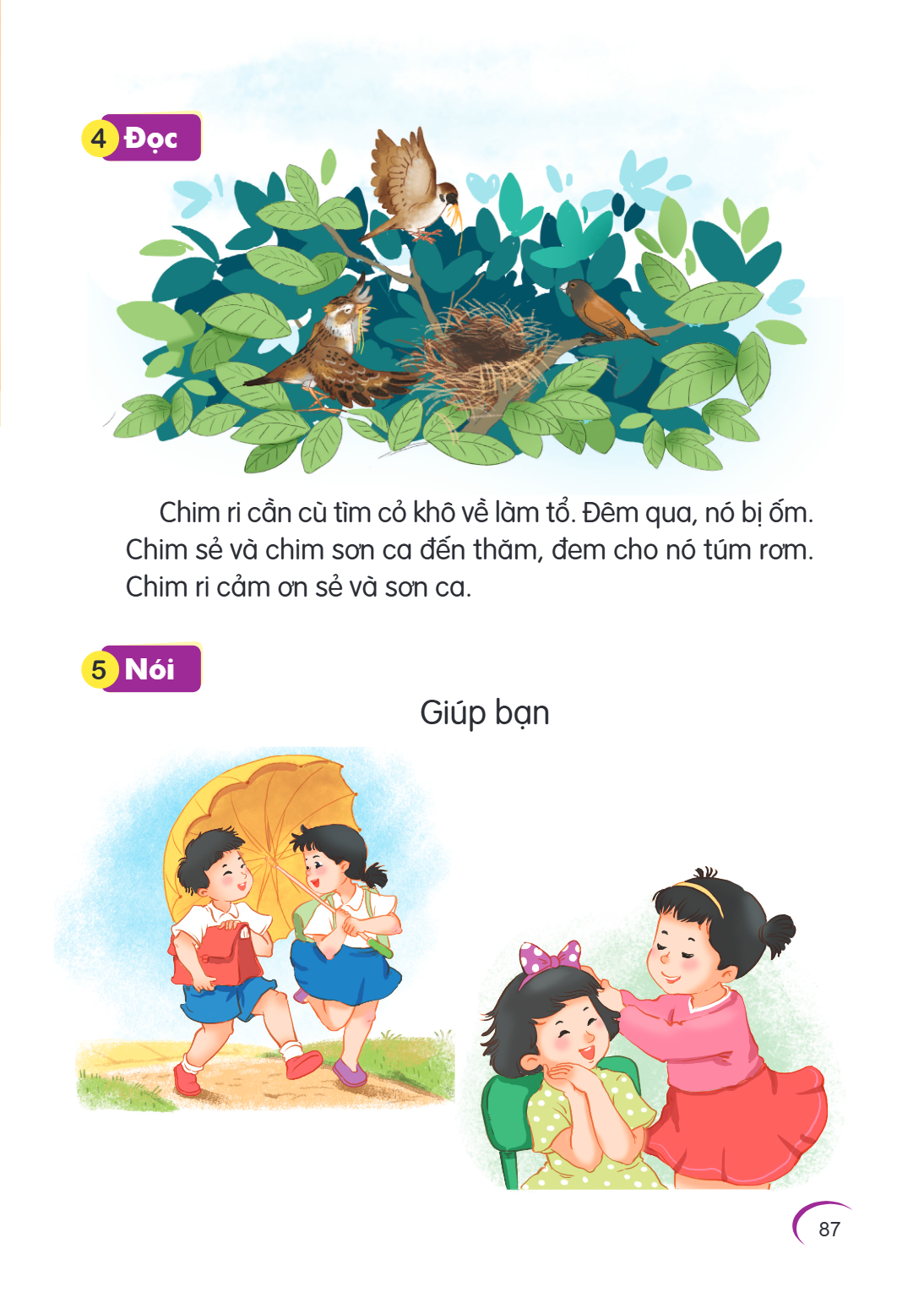 4 Đọc Chim ri cằn cỗi tìm cỏ khô về làm tổ. Đêm qua, nó bị ốm. Chim sẻ và chim sơn ca đến thăm, đem cho nó túm rơm. Chim ri cảm ơn sẻ và sơn ca. 5 Nói Giúp bạn