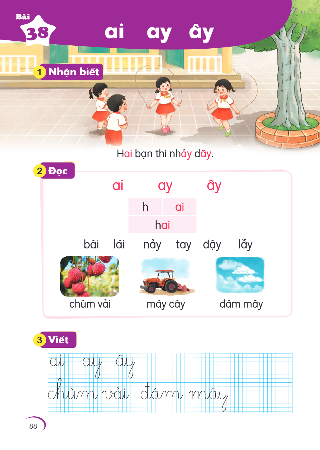Bài 38. ai ay ây 1 Nhận biết Hai bạn thi nhảy dây. 2 Đọc ai ay ây h, ai hai bài lái nẩy tay dậy lấy chùm vải máy cày đám mây 3 Viết ai ay ây chùm vải đám mây