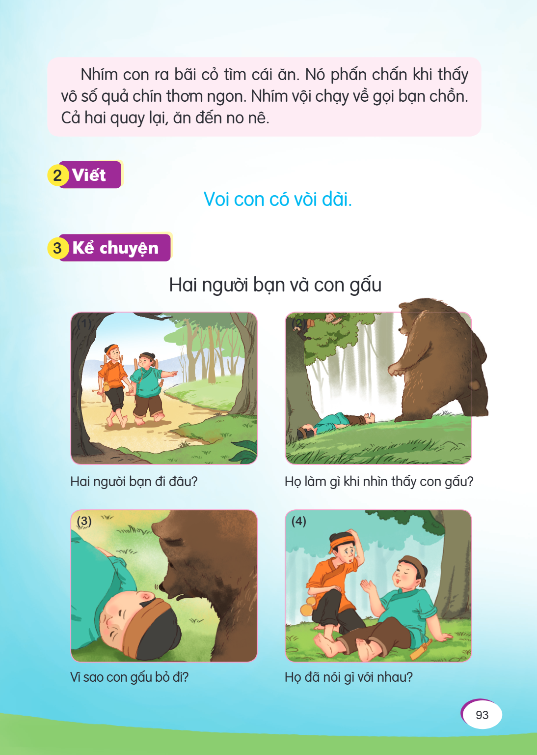 Nhím con ra bãi cỏ tìm cái ăn. Nó phấn chấn khi thấy vô số quả chín thơm ngon. Nhím vội chạy về gọi bạn chồn. Cả hai quay lại, ăn đến no nê. 2 Viết Voi con có v