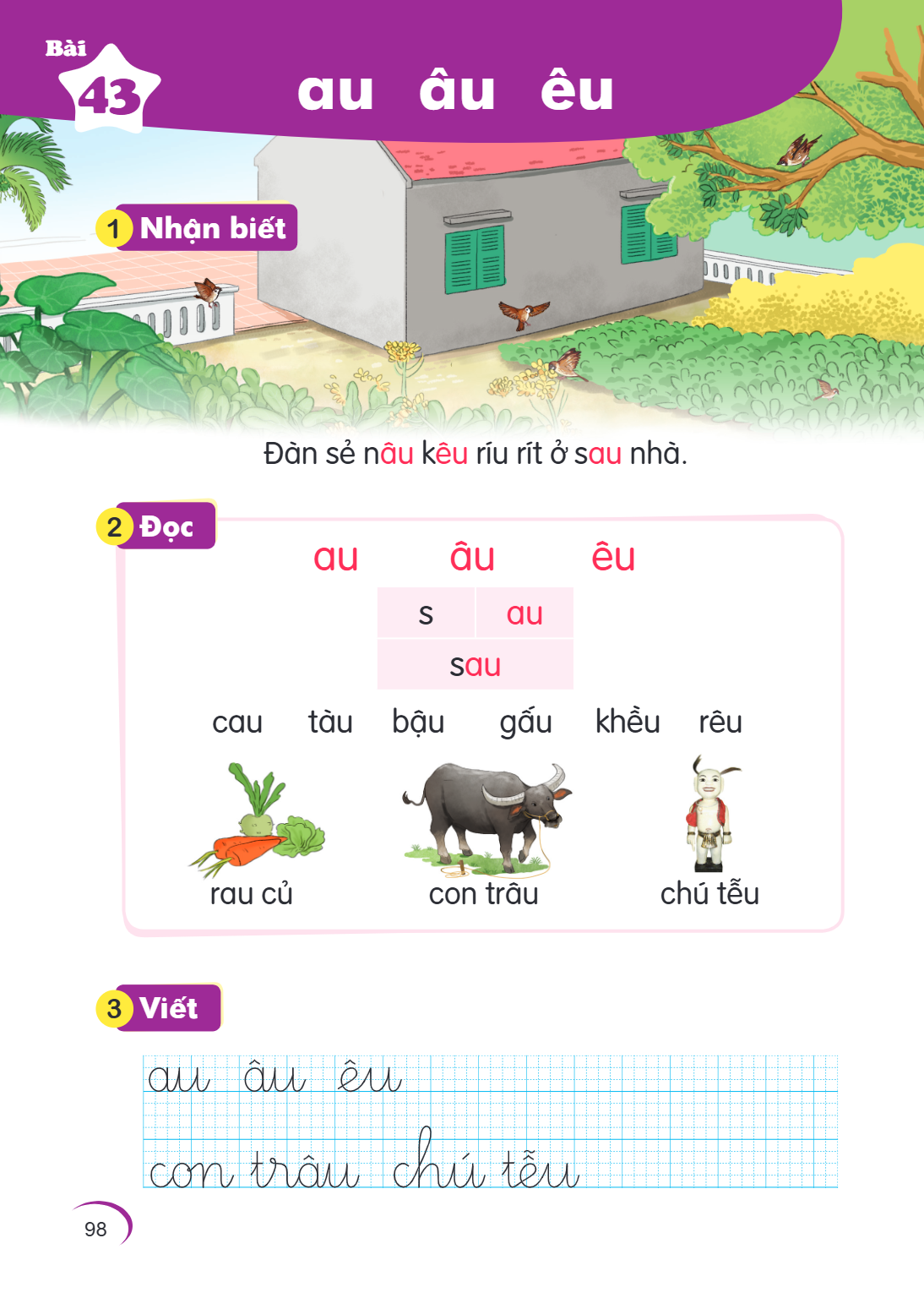 Bài 43. au âu êu 1 Nhận biết Đàn sẻ nâu kêu ríu rít ở sau nhà. 2 Đọc au, âu, êu s, au sau cau tàu bầu gấu khều rêu rau củ con trâu chú tễu 3 Viết au âu êu con t