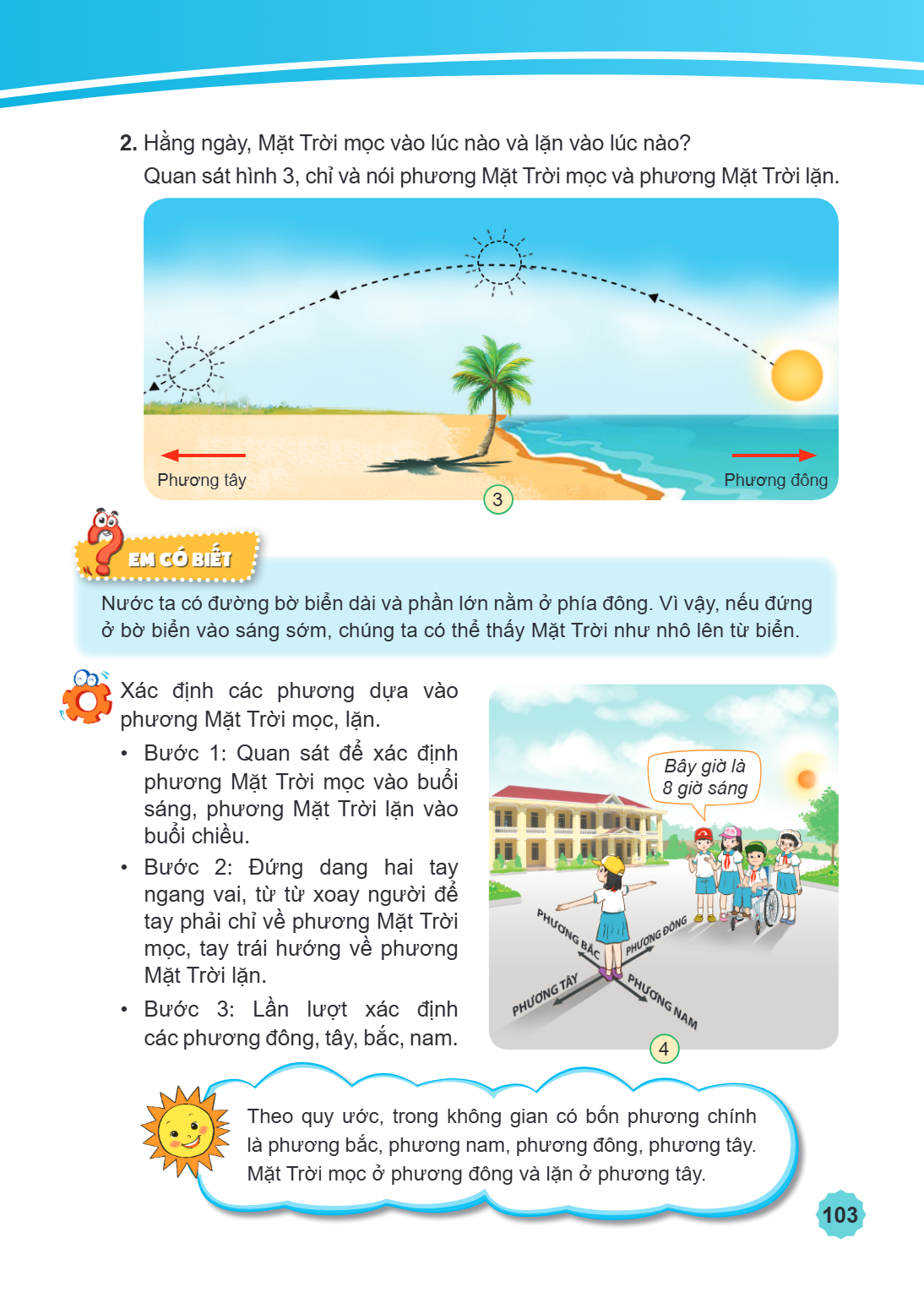 2. Hằng ngày, Mặt Trời mọc vào lúc nào và lặn vào lúc nào? Quan sát hình 3, chỉ và nói phương Mặt Trời mọc và phương Mặt Trời lặn. Phương tây Phương đông 3 Em c