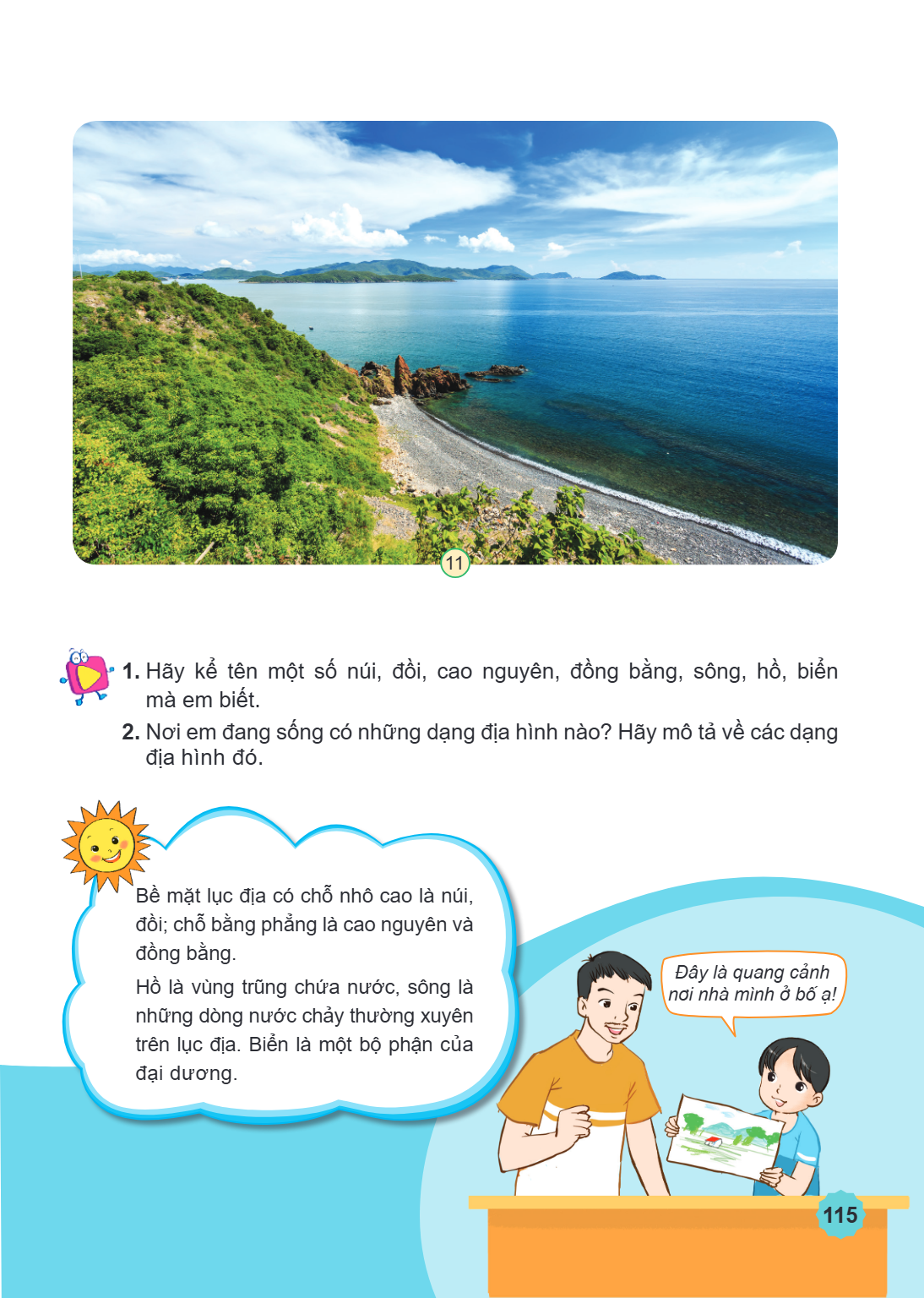 1. Hãy kể tên một số núi, đồi, cao nguyên, đồng bằng, sông, hồ, biển mà em biết. 2. Nơi em đang sống có những dạng địa hình nào? Hãy mô tả về các dạng địa hình 